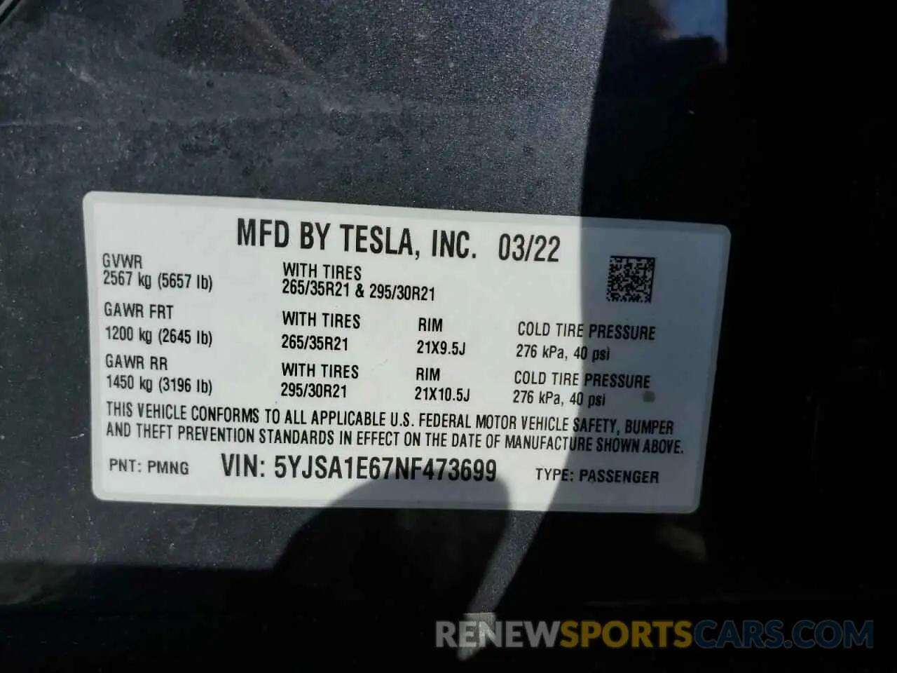 10 fotografías del automóvil dañado 5YJSA1E67NF473699 TESLA MODEL S 2022