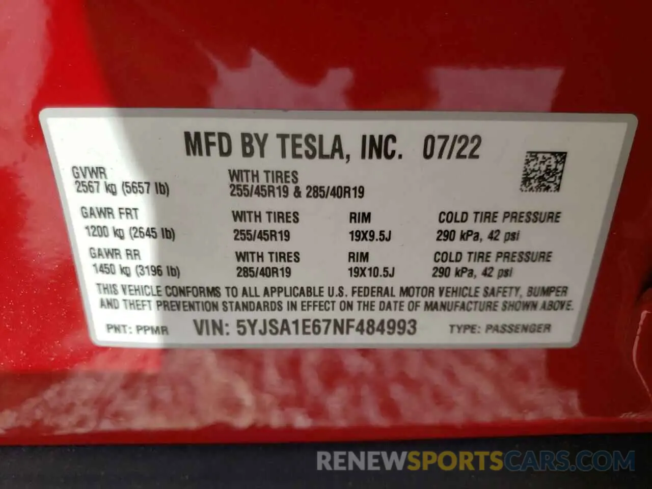 10 fotografías del automóvil dañado 5YJSA1E67NF484993 TESLA MODEL S 2022
