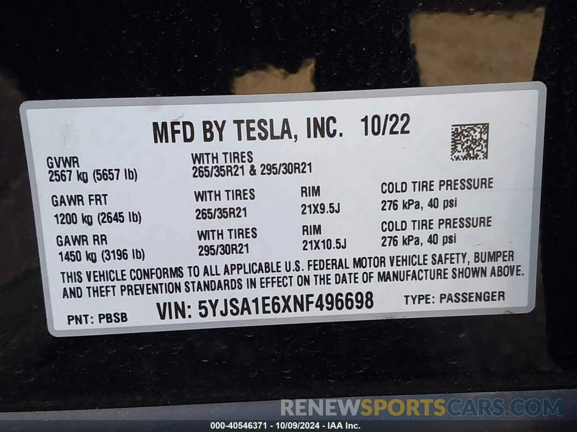 9 fotografías del automóvil dañado 5YJSA1E6XNF496698 TESLA MODEL S 2022