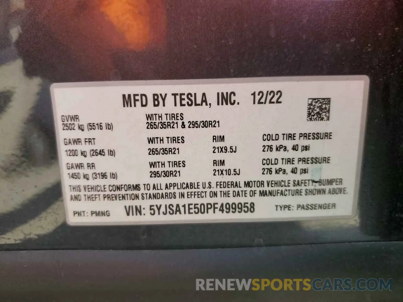 12 fotografías del automóvil dañado 5YJSA1E50PF499958 TESLA MODEL S 2023