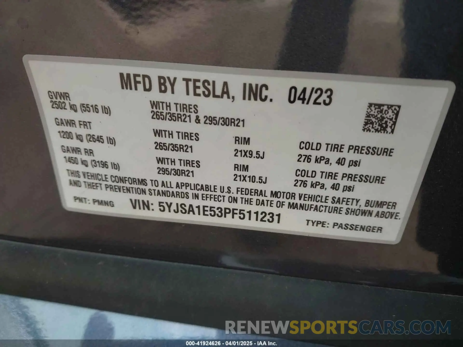 8 fotografías del automóvil dañado 5YJSA1E53PF511231 TESLA MODEL S 2023