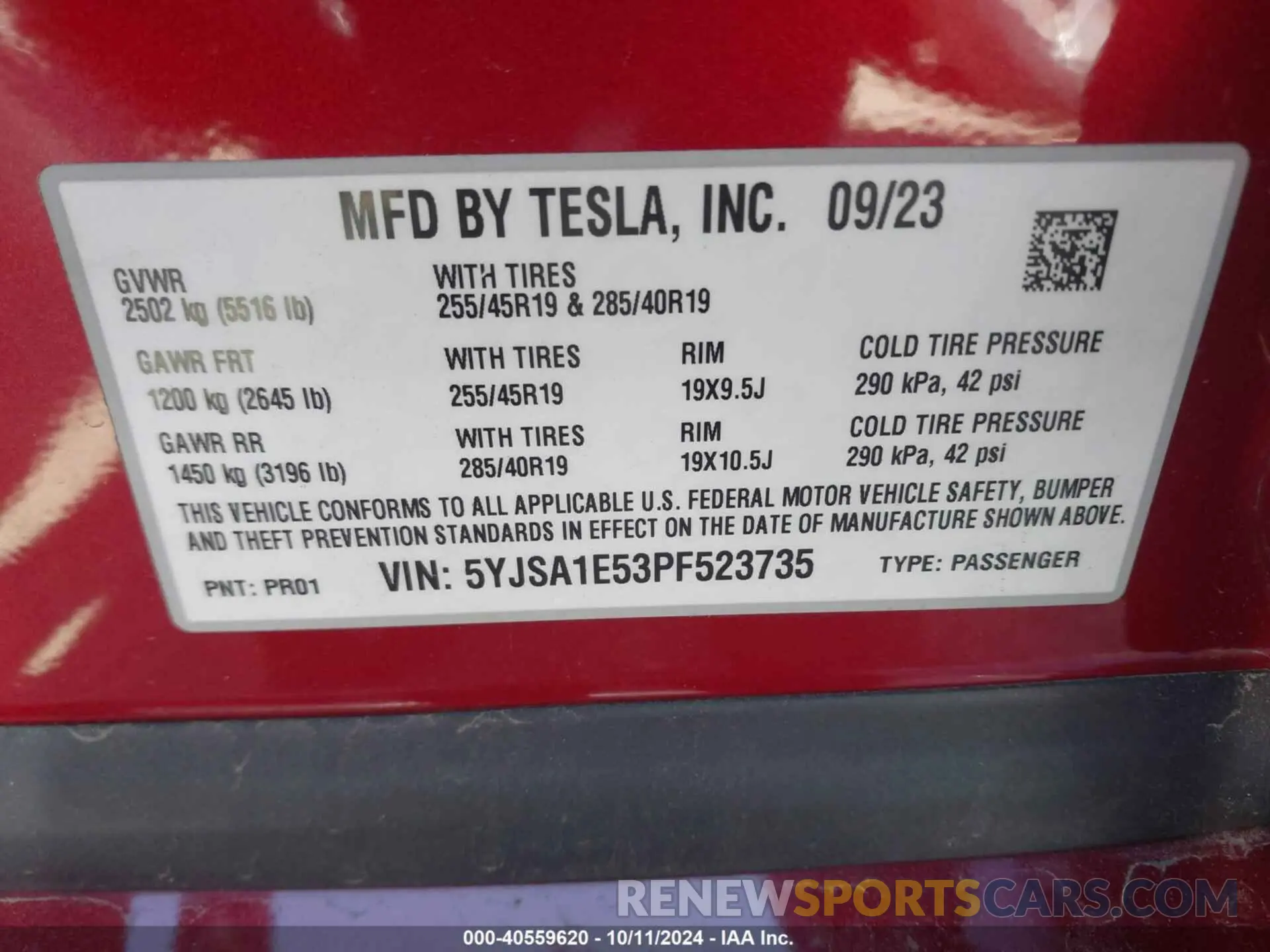 9 fotografías del automóvil dañado 5YJSA1E53PF523735 TESLA MODEL S 2023