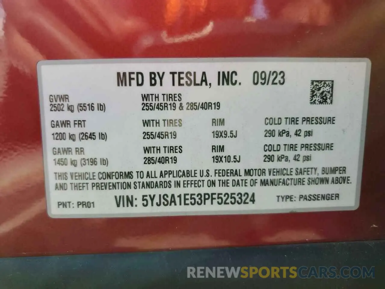 12 fotografías del automóvil dañado 5YJSA1E53PF525324 TESLA MODEL S 2023