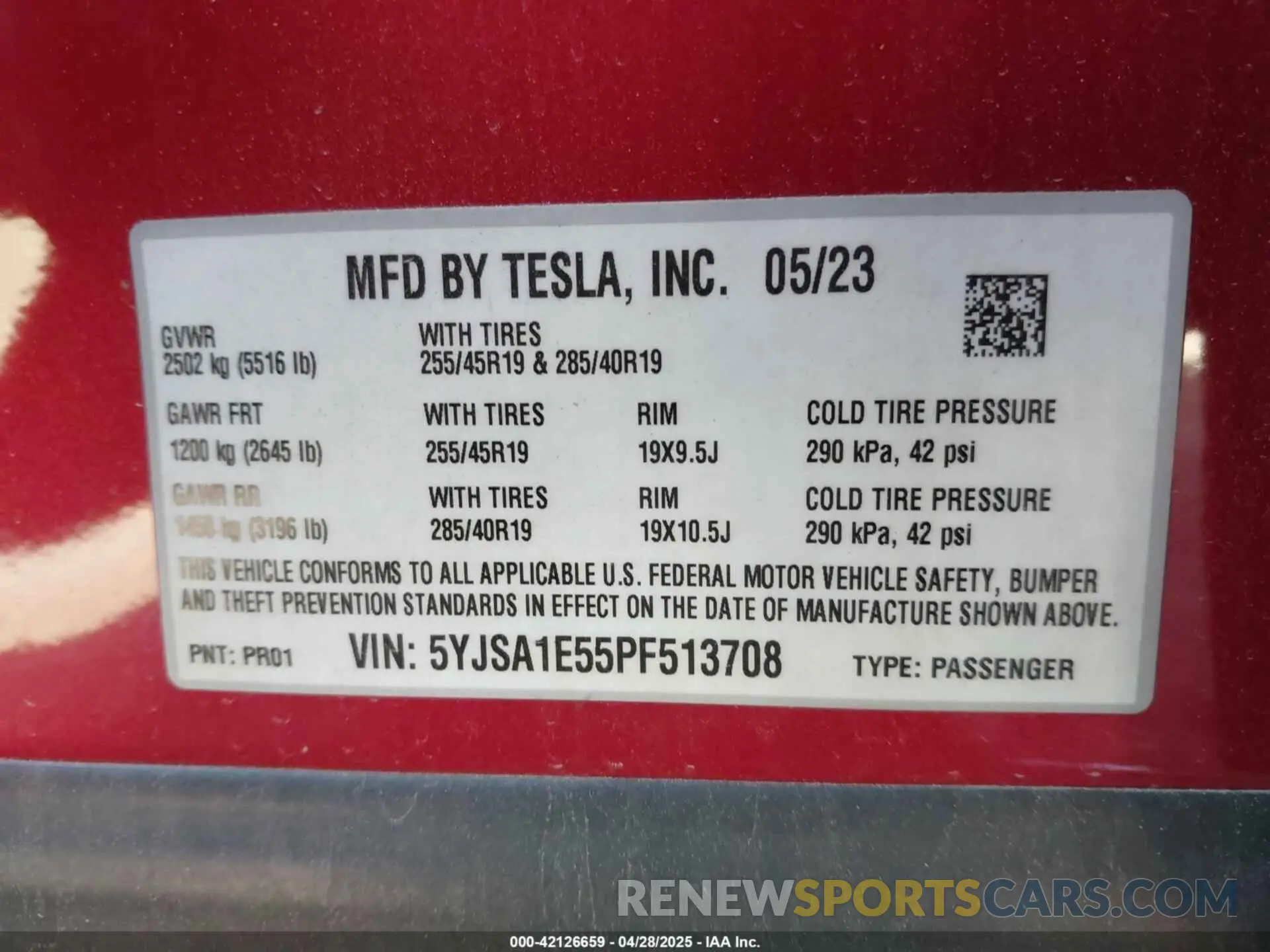 9 fotografías del automóvil dañado 5YJSA1E55PF513708 TESLA MODEL S 2023