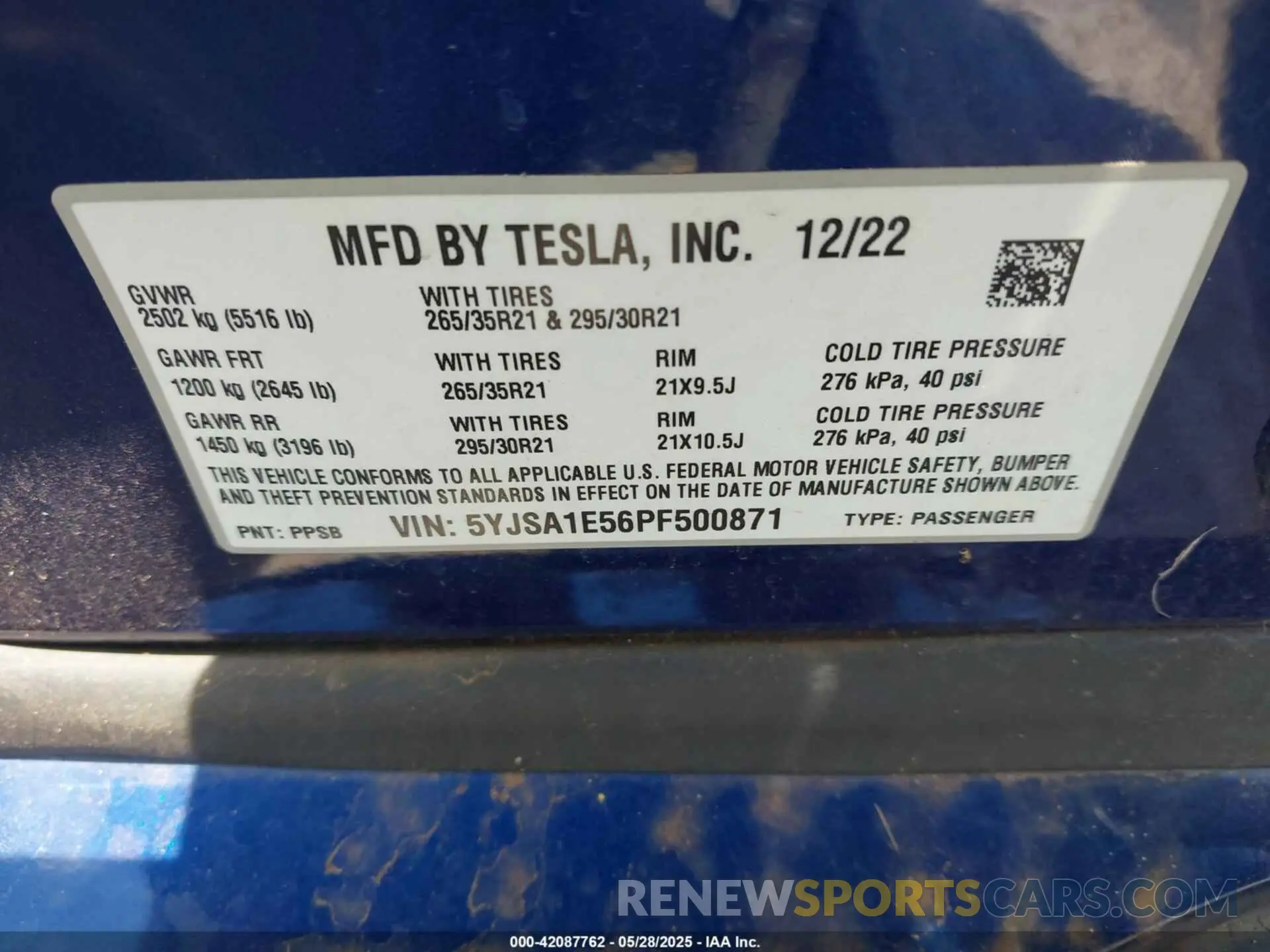 8 fotografías del automóvil dañado 5YJSA1E56PF500871 TESLA MODEL S 2023