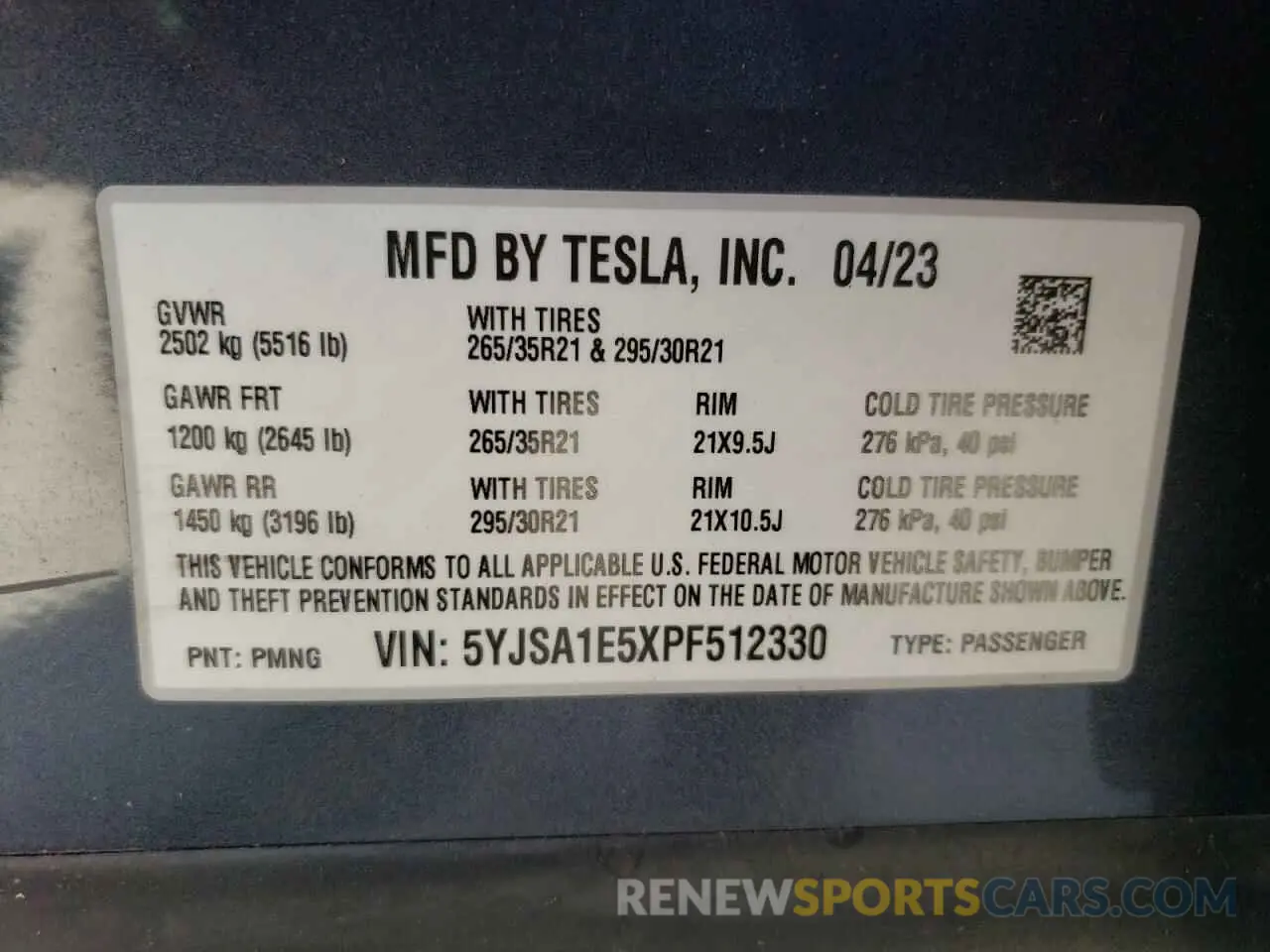 12 fotografías del automóvil dañado 5YJSA1E5XPF512330 TESLA MODEL S 2023