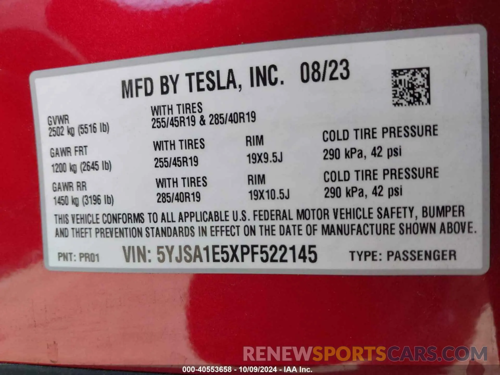 9 fotografías del automóvil dañado 5YJSA1E5XPF522145 TESLA MODEL S 2023