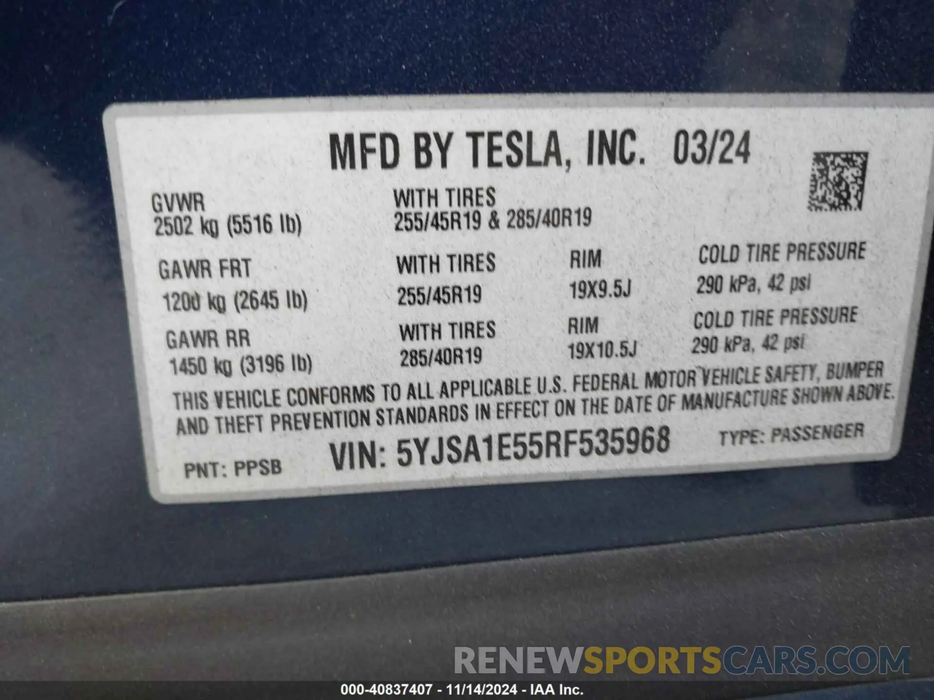 9 fotografías del automóvil dañado 5YJSA1E55RF535968 TESLA MODEL S 2024