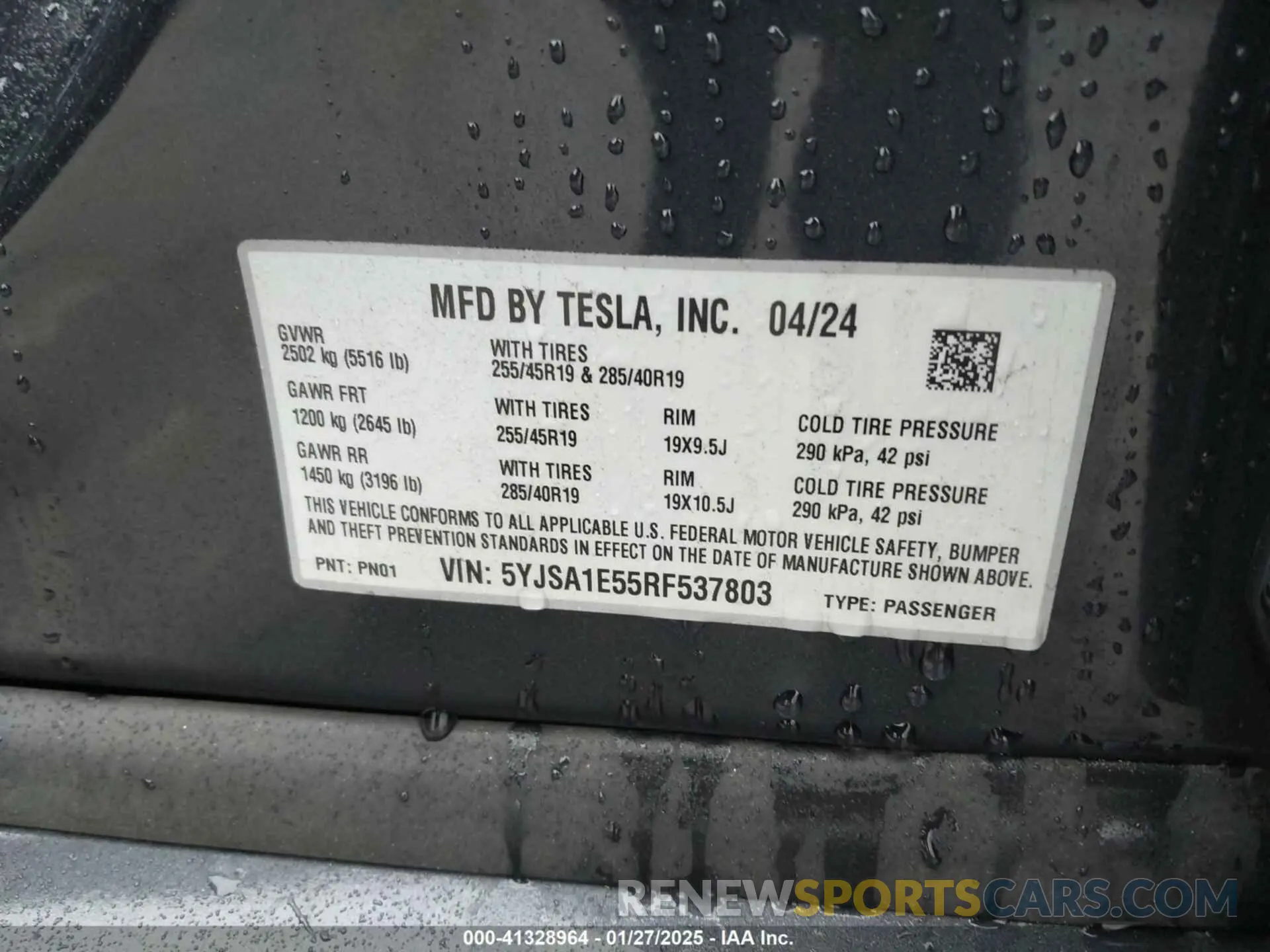 9 fotografías del automóvil dañado 5YJSA1E55RF537803 TESLA MODEL S 2024