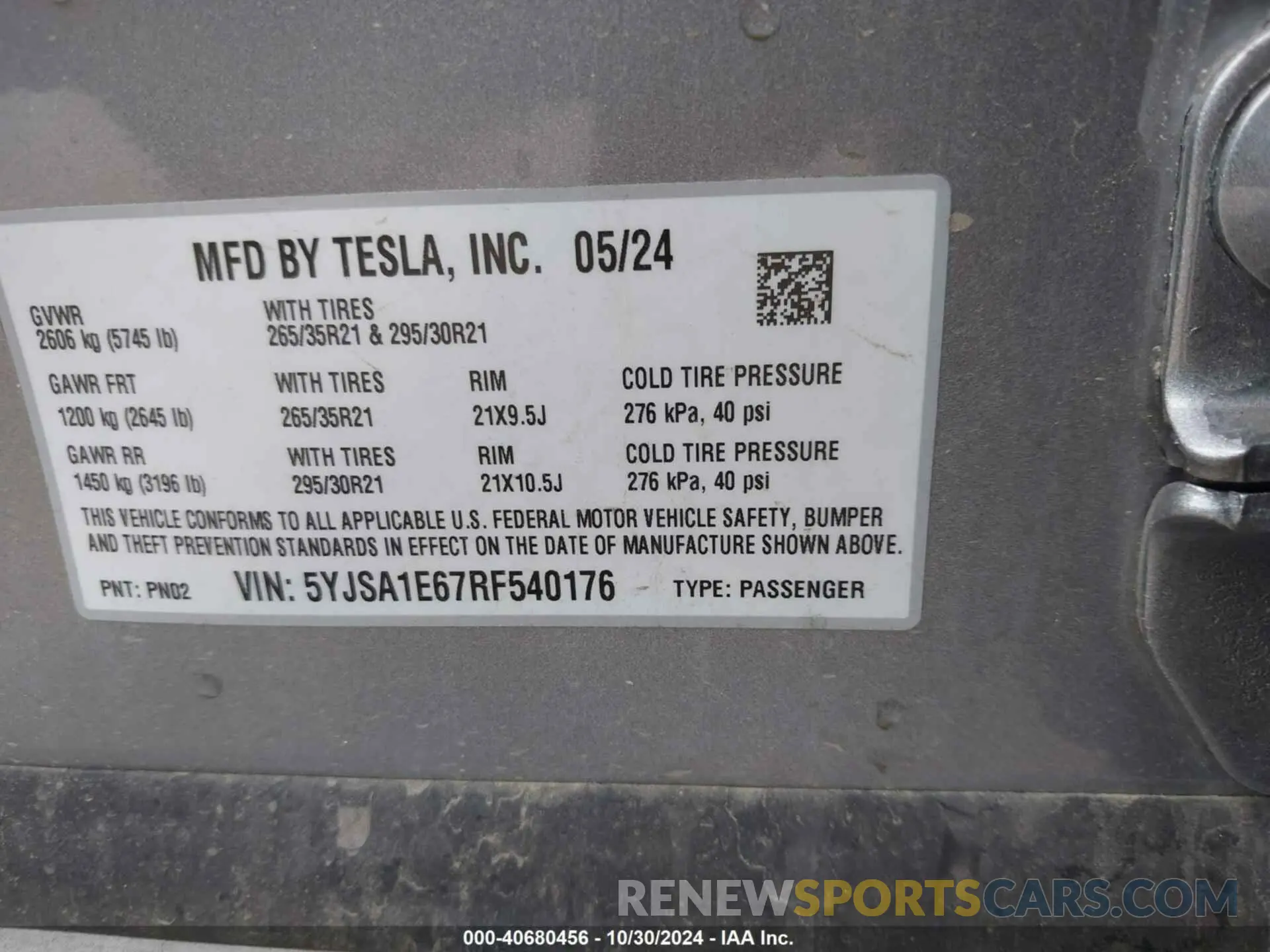 9 fotografías del automóvil dañado 5YJSA1E67RF540176 TESLA MODEL S 2024