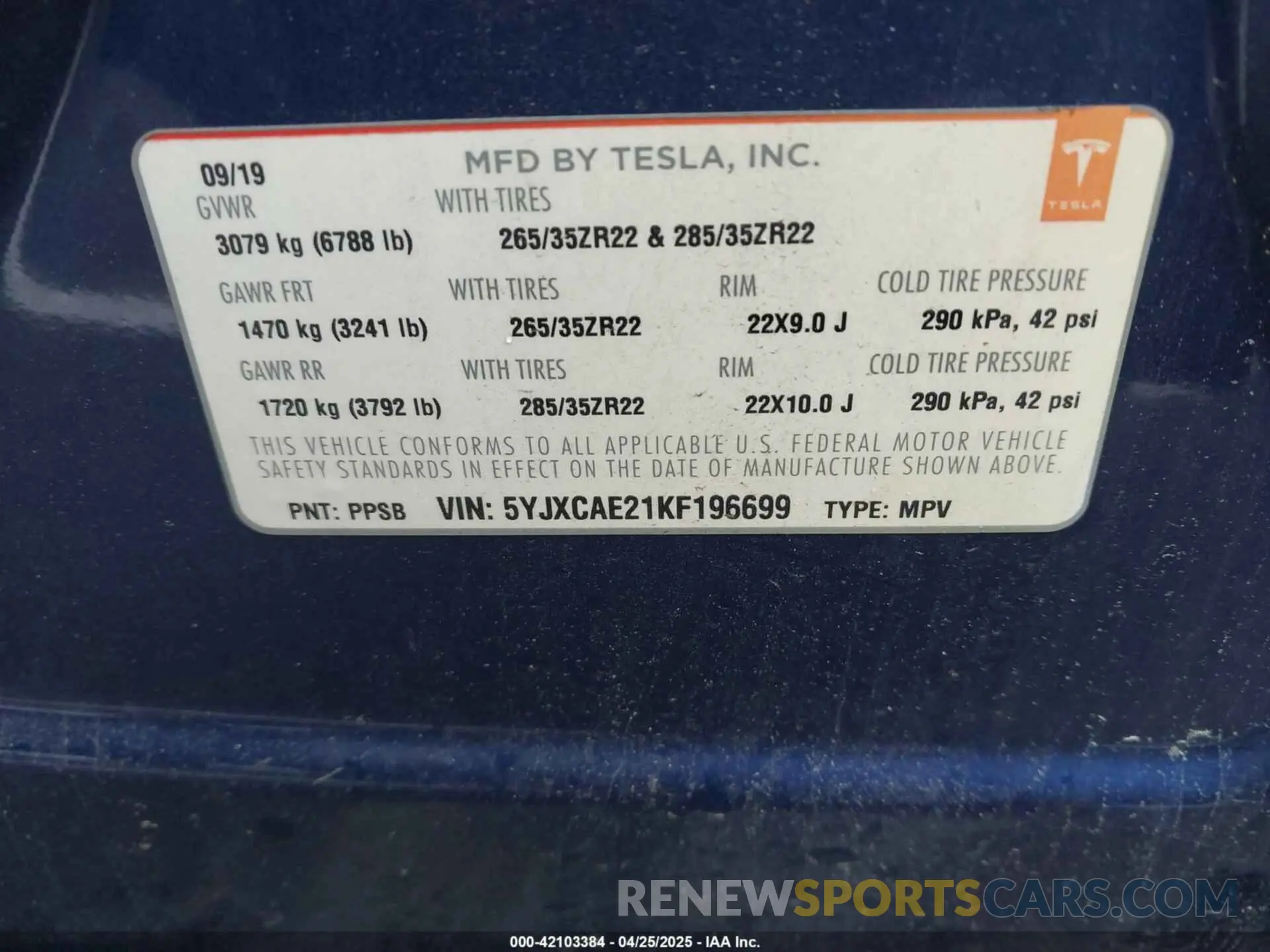 9 fotografías del automóvil dañado 5YJXCAE21KF196699 TESLA MODEL X 2019