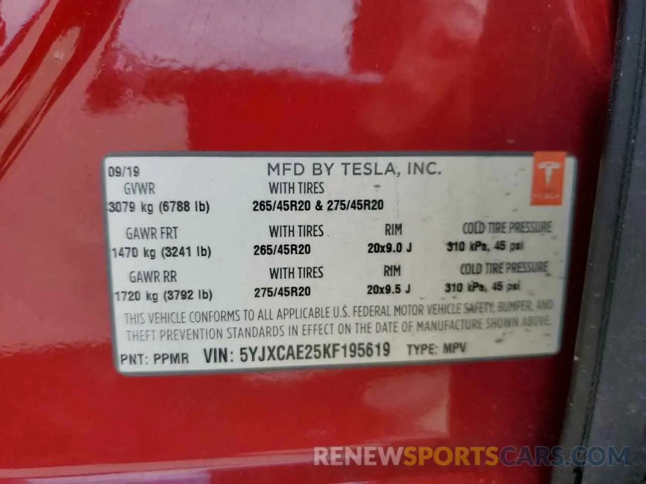 15 fotografías del automóvil dañado 5YJXCAE25KF195619 TESLA MODEL X 2019