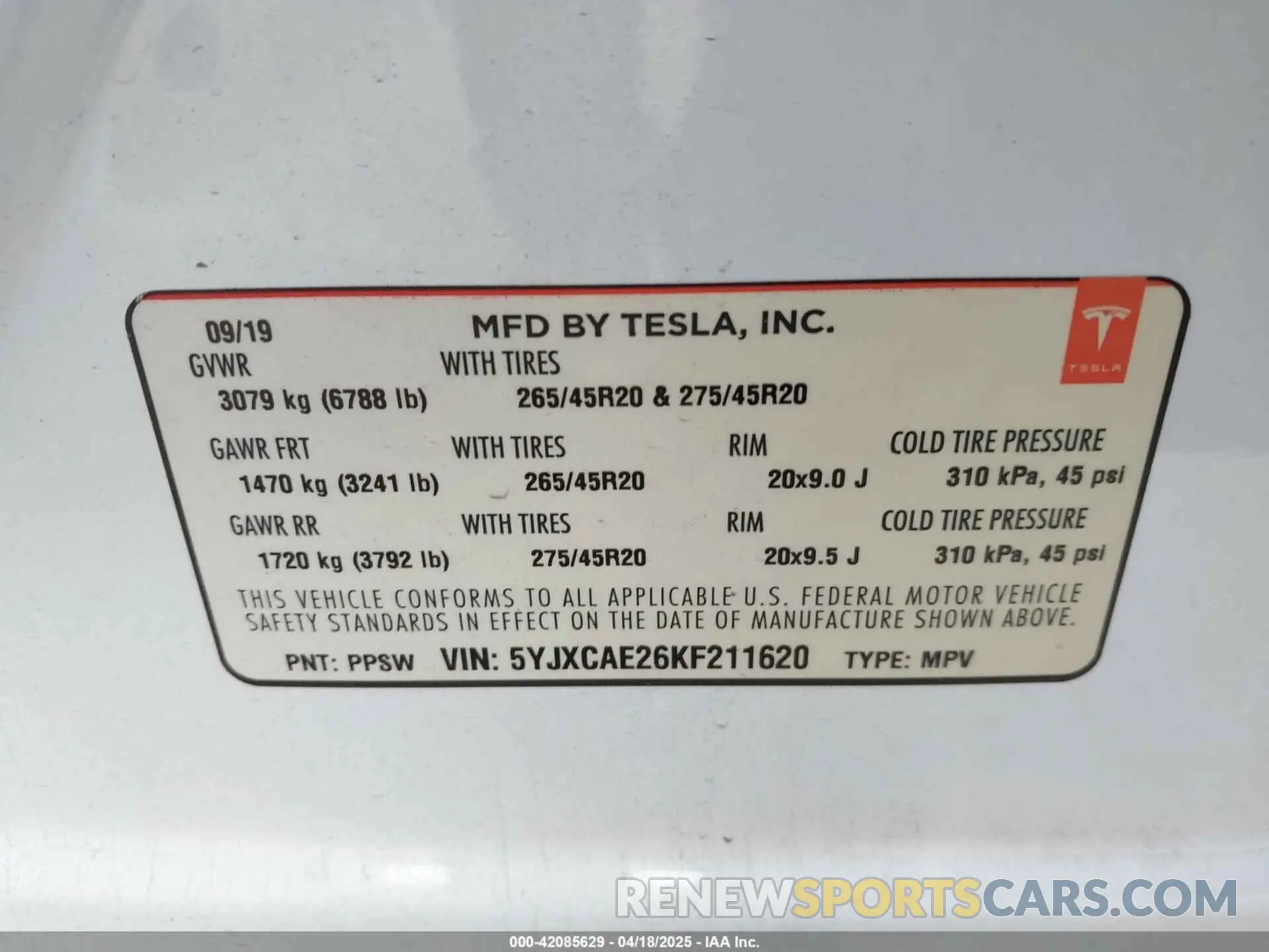 9 fotografías del automóvil dañado 5YJXCAE26KF211620 TESLA MODEL X 2019