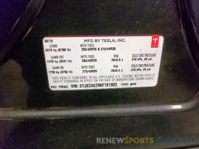 10 fotografías del automóvil dañado 5YJXCAE29KF181903 TESLA MODEL X 2019
