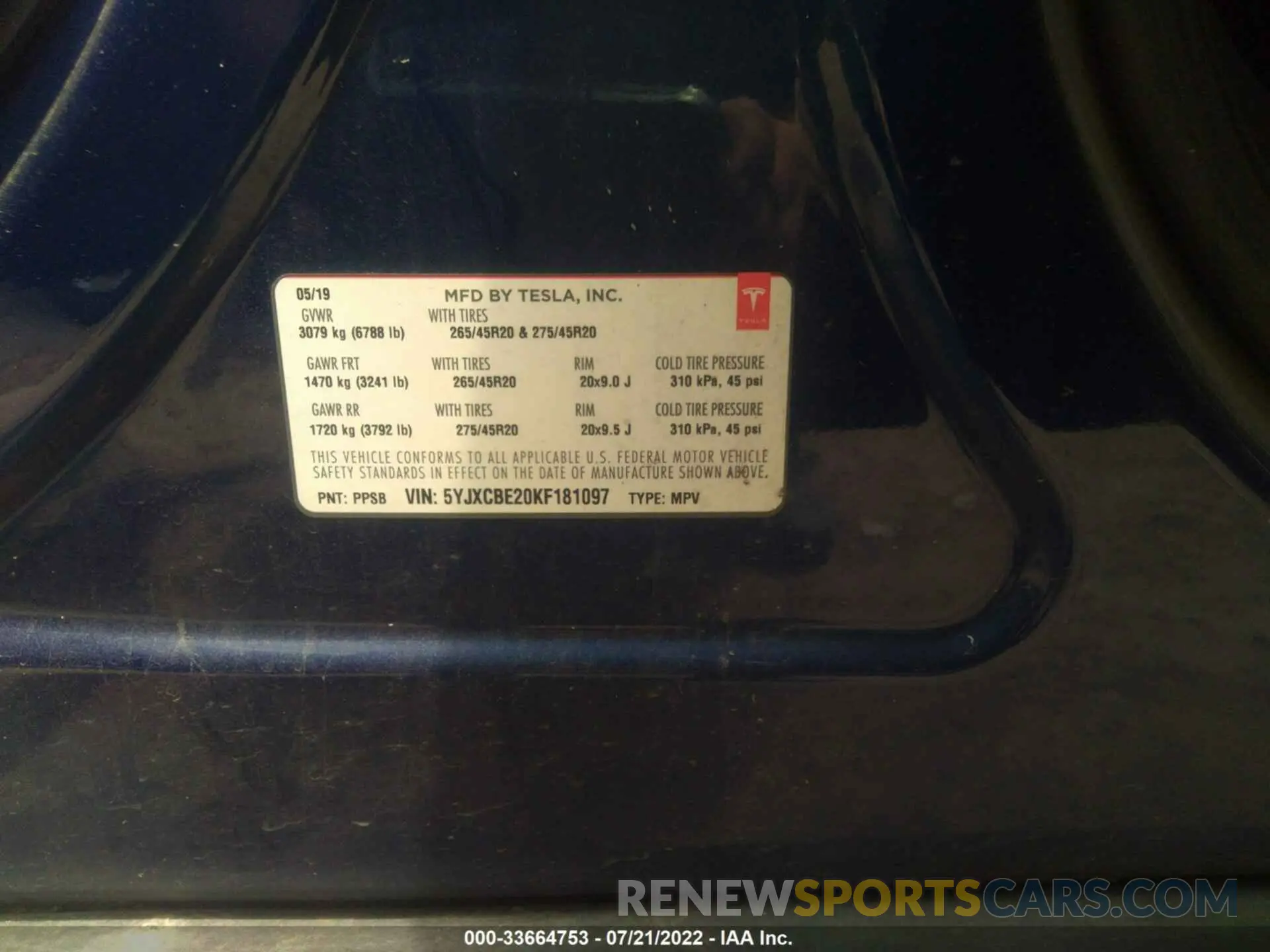 9 fotografías del automóvil dañado 5YJXCBE20KF181097 TESLA MODEL X 2019