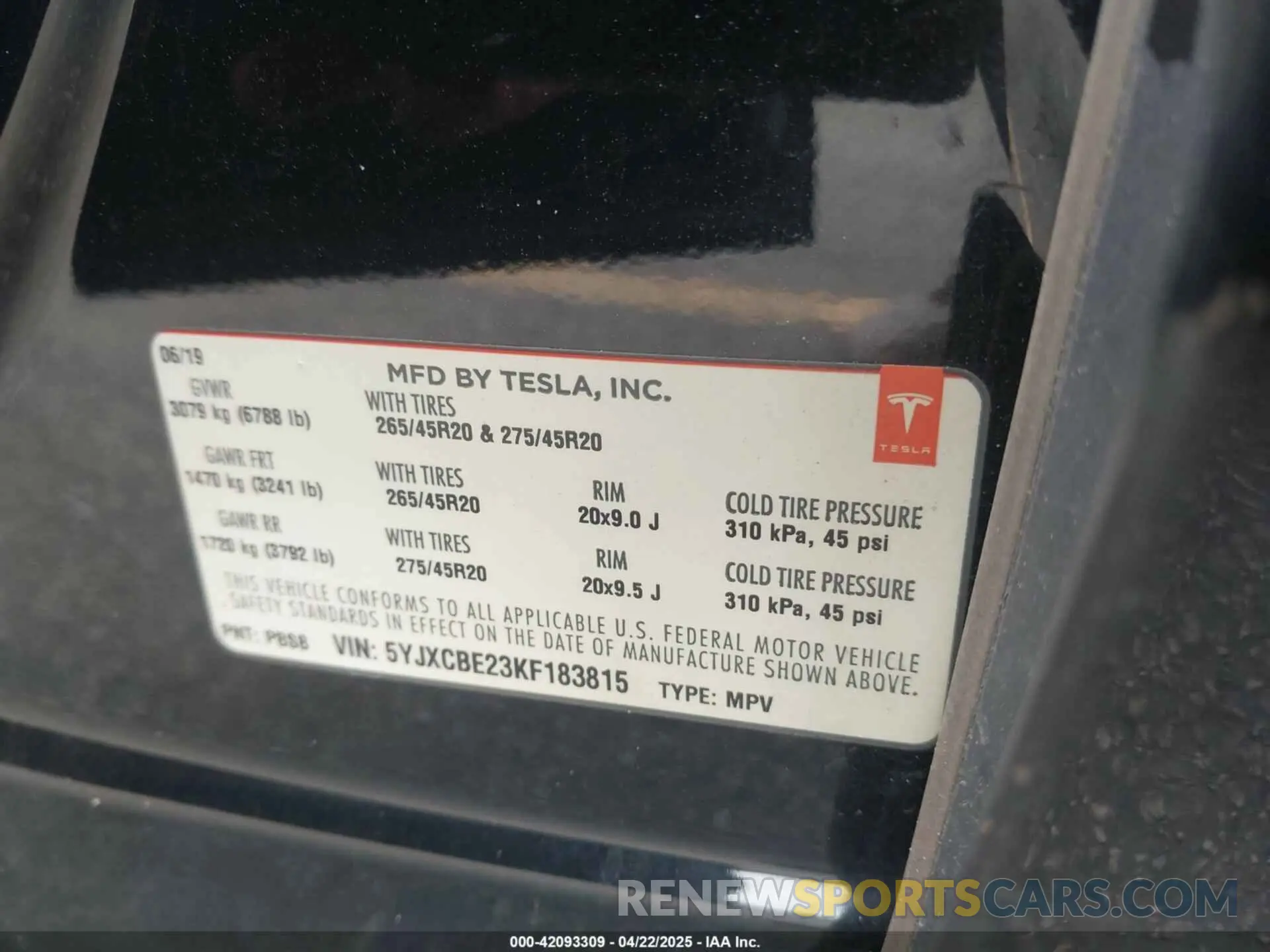 8 fotografías del automóvil dañado 5YJXCBE23KF183815 TESLA MODEL X 2019