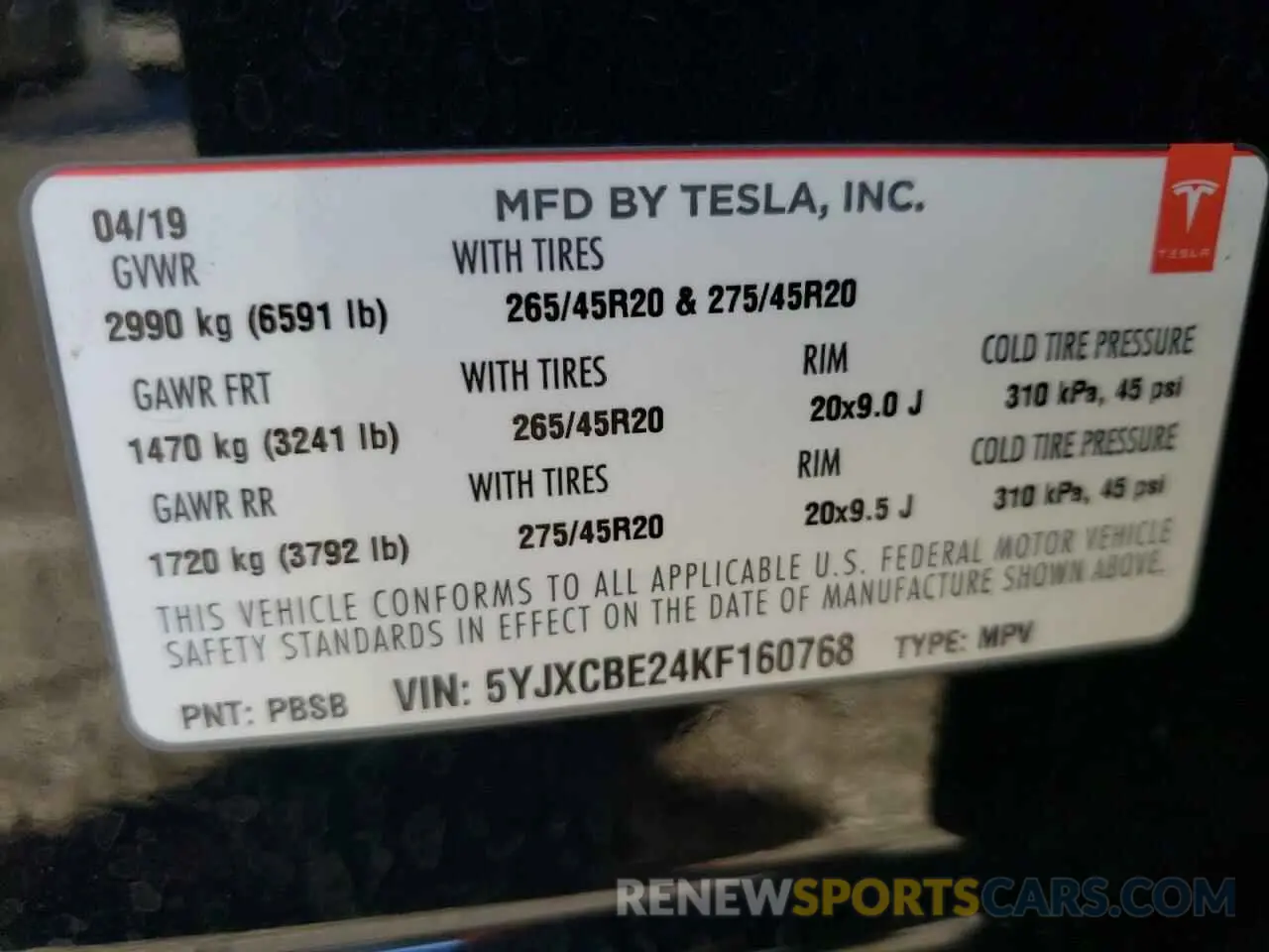 10 fotografías del automóvil dañado 5YJXCBE24KF160768 TESLA MODEL X 2019