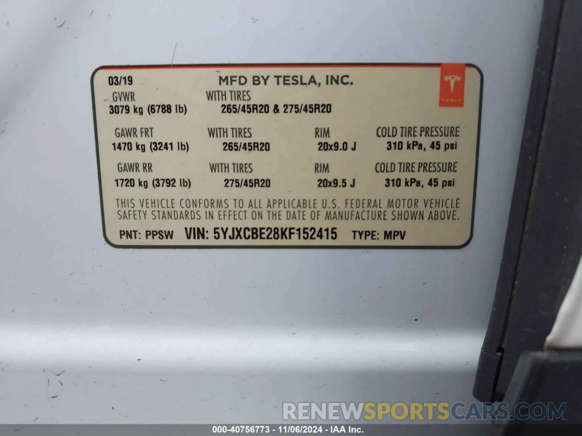 9 fotografías del automóvil dañado 5YJXCBE28KF152415 TESLA MODEL X 2019