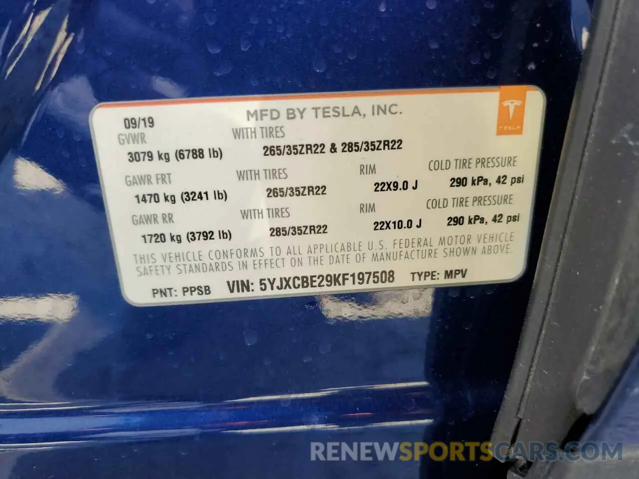 14 fotografías del automóvil dañado 5YJXCBE29KF197508 TESLA MODEL X 2019