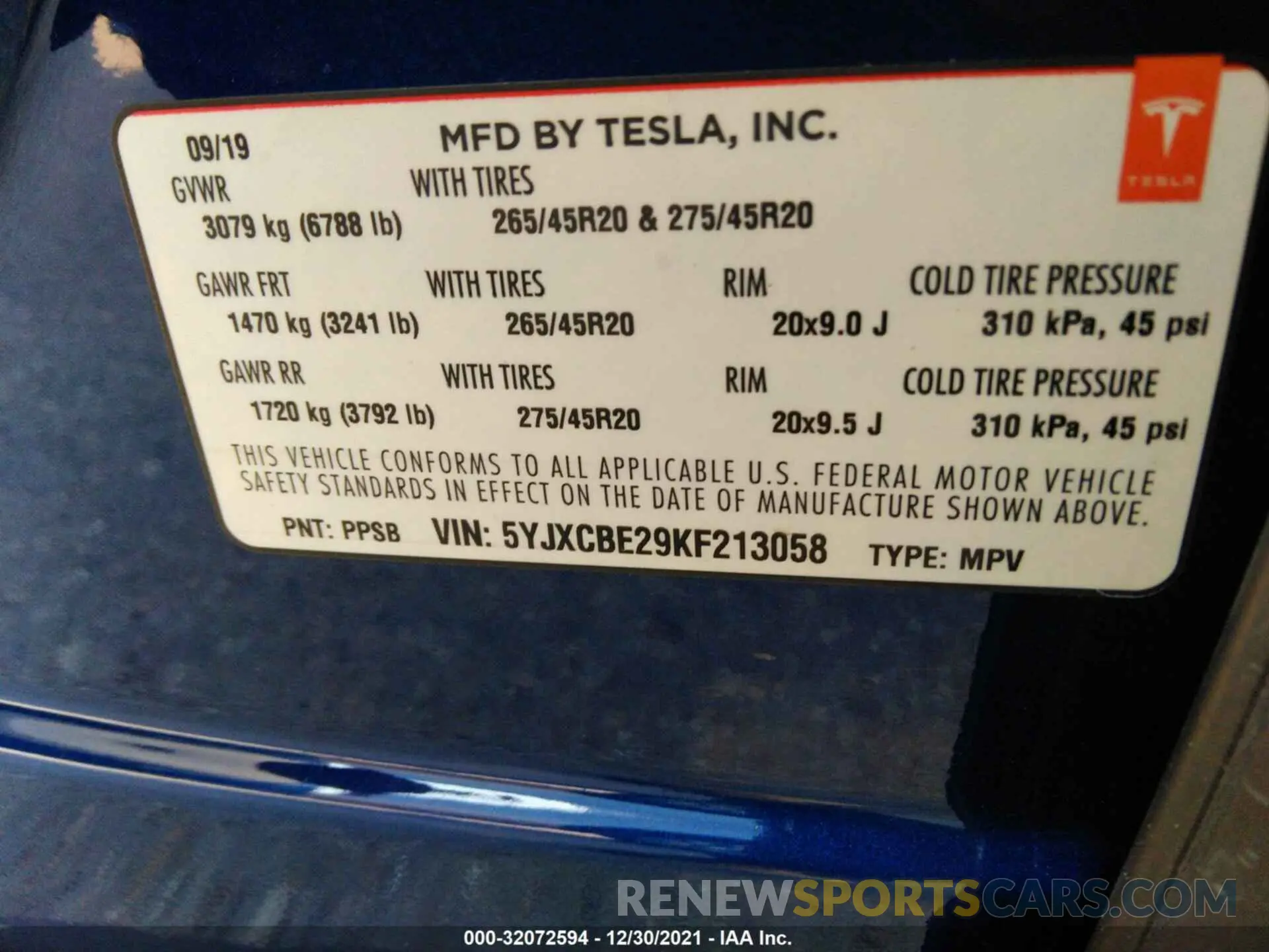 9 fotografías del automóvil dañado 5YJXCBE29KF213058 TESLA MODEL X 2019