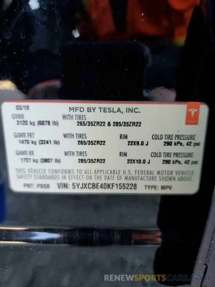 14 fotografías del automóvil dañado 5YJXCBE40KF155228 TESLA MODEL X 2019