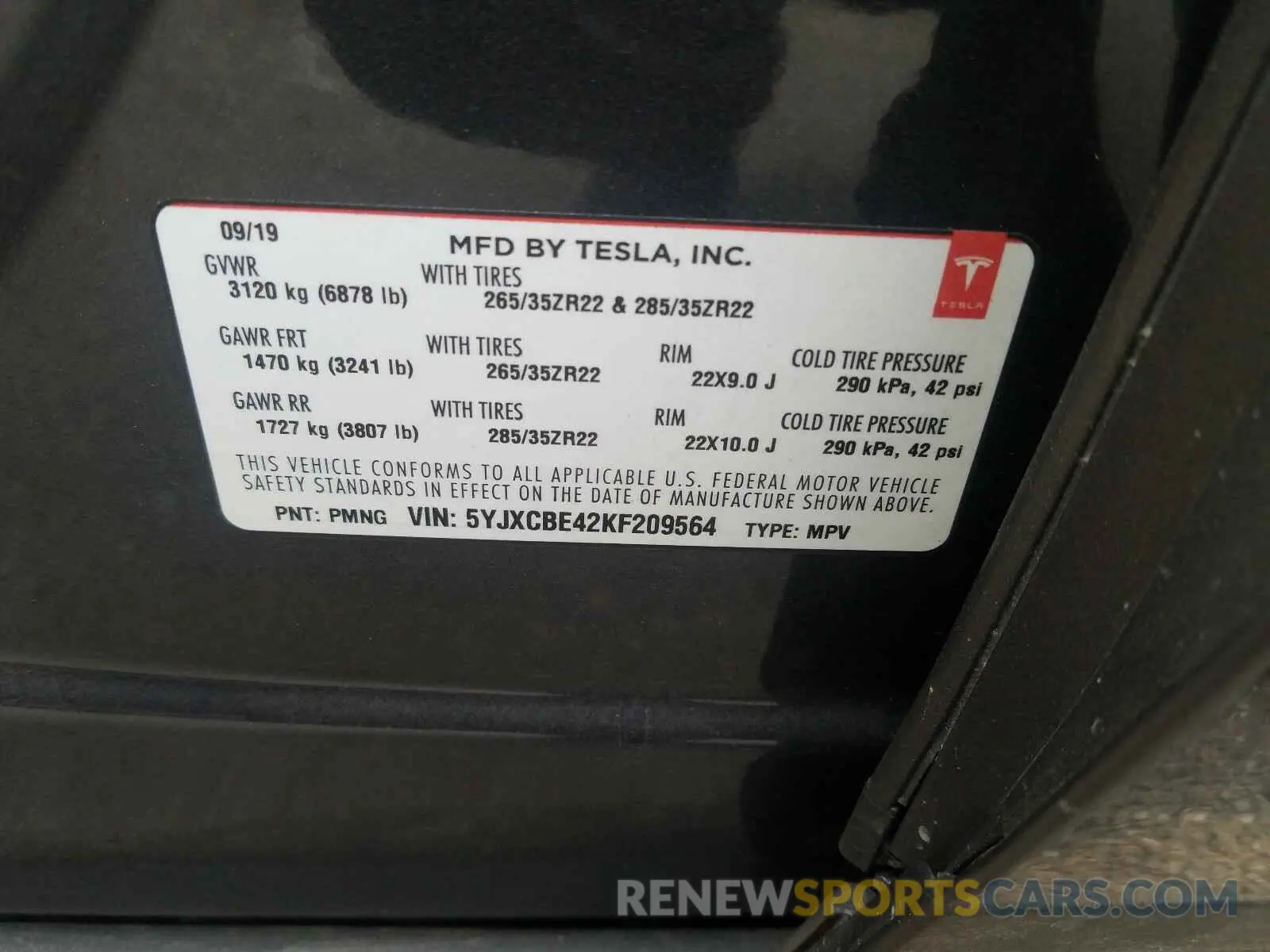 10 fotografías del automóvil dañado 5YJXCBE42KF209564 TESLA MODEL X 2019