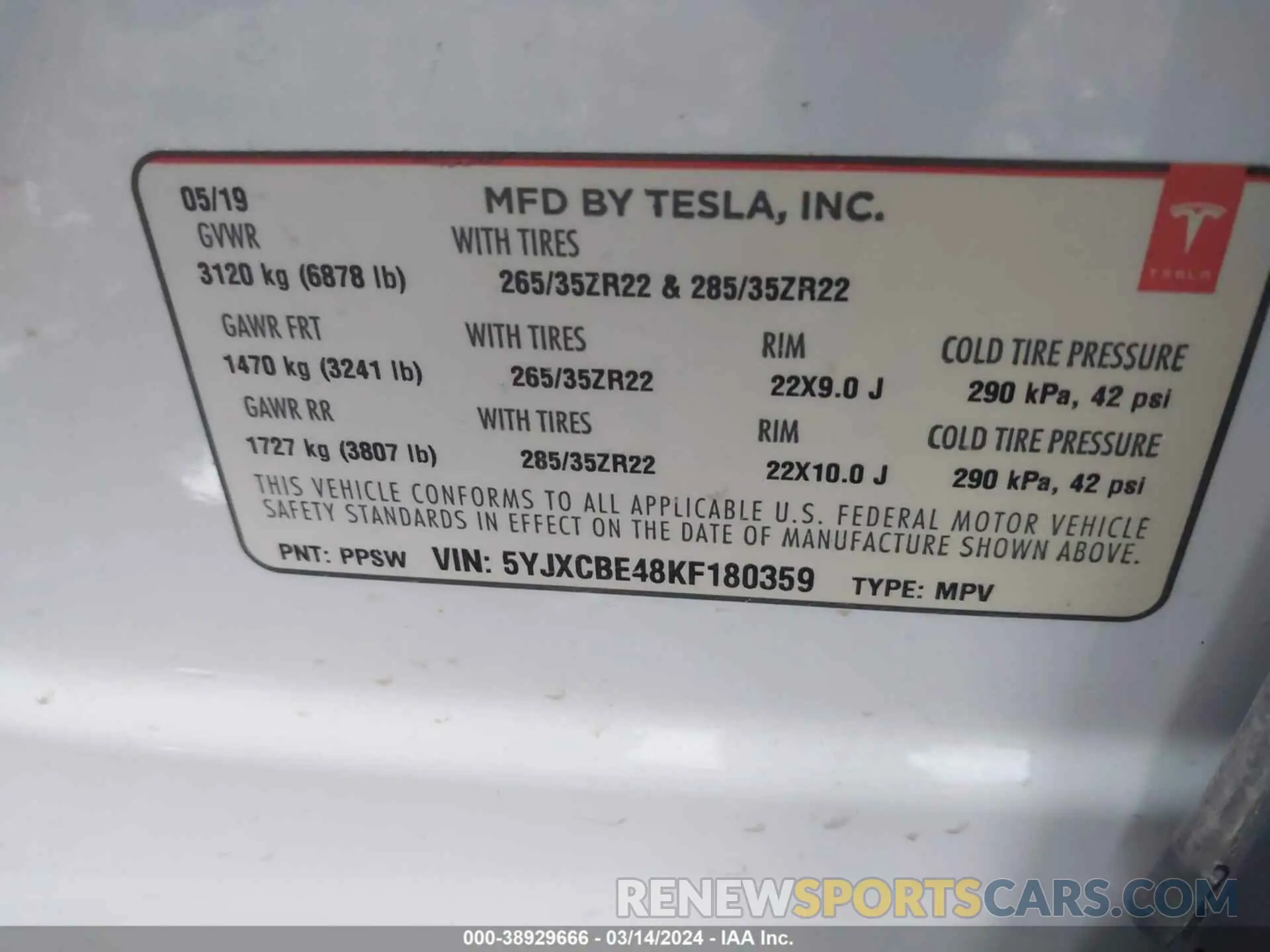 9 fotografías del automóvil dañado 5YJXCBE48KF180359 TESLA MODEL X 2019