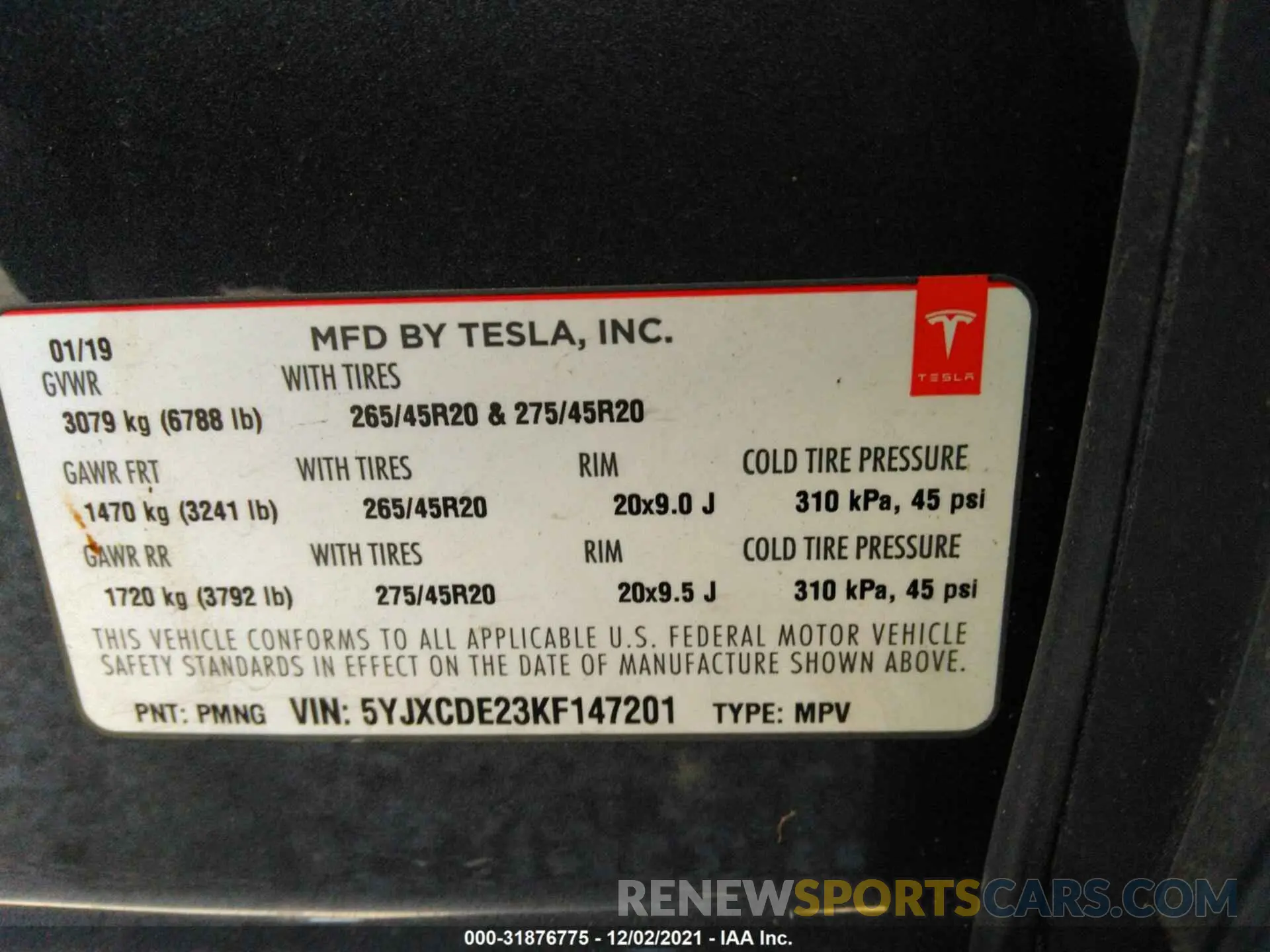 9 fotografías del automóvil dañado 5YJXCDE23KF147201 TESLA MODEL X 2019