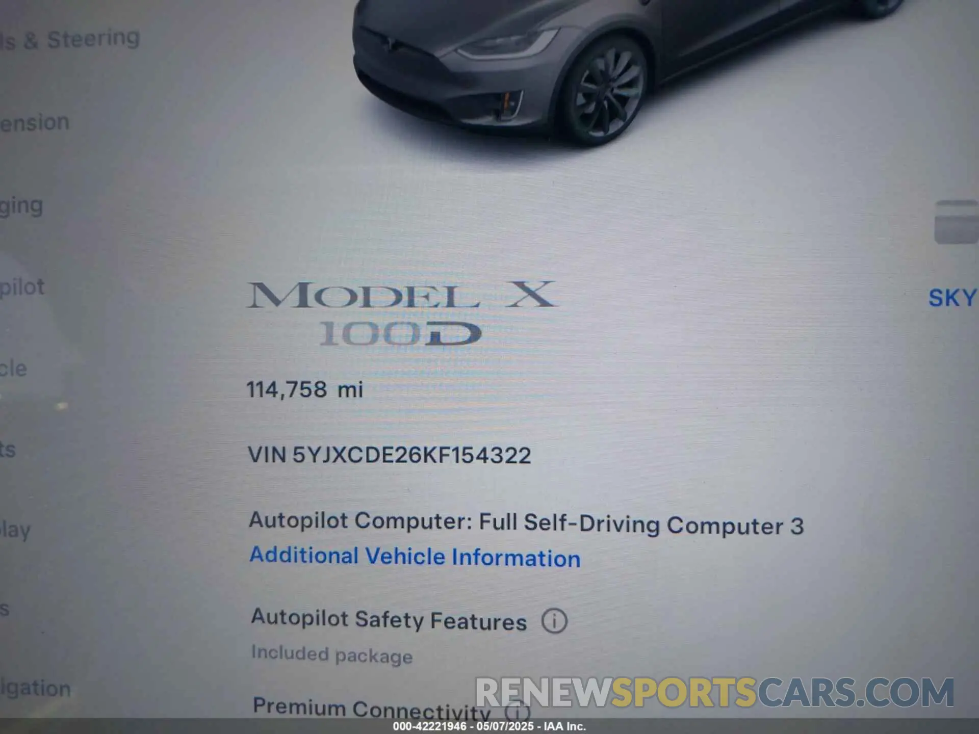 7 fotografías del automóvil dañado 5YJXCDE26KF154322 TESLA MODEL X 2019