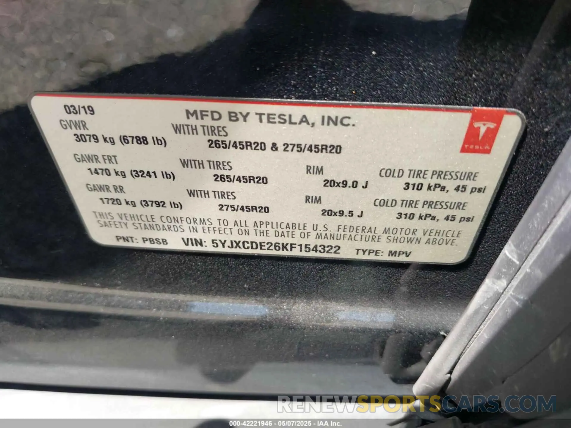 9 fotografías del automóvil dañado 5YJXCDE26KF154322 TESLA MODEL X 2019