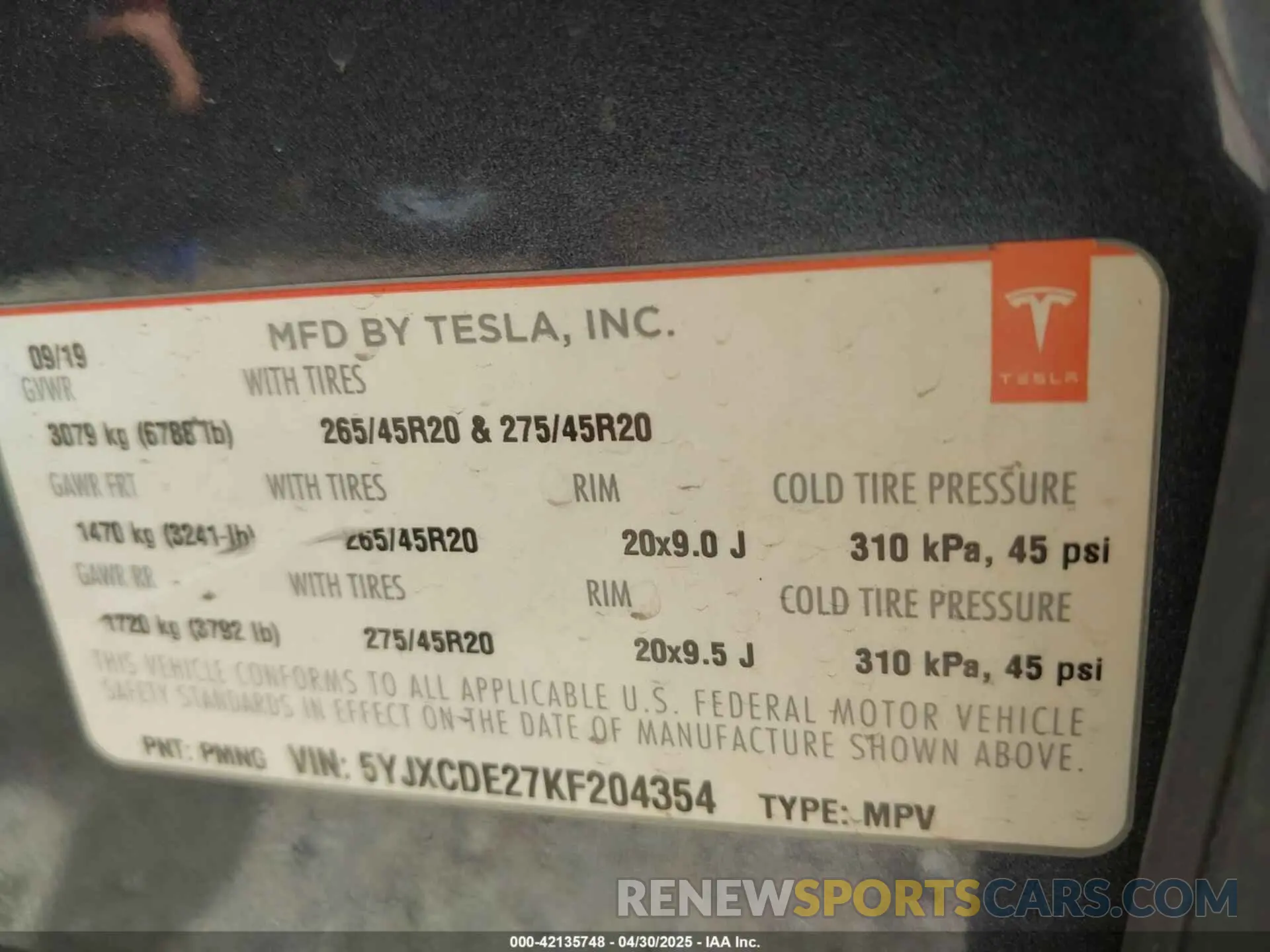 9 fotografías del automóvil dañado 5YJXCDE27KF204354 TESLA MODEL X 2019