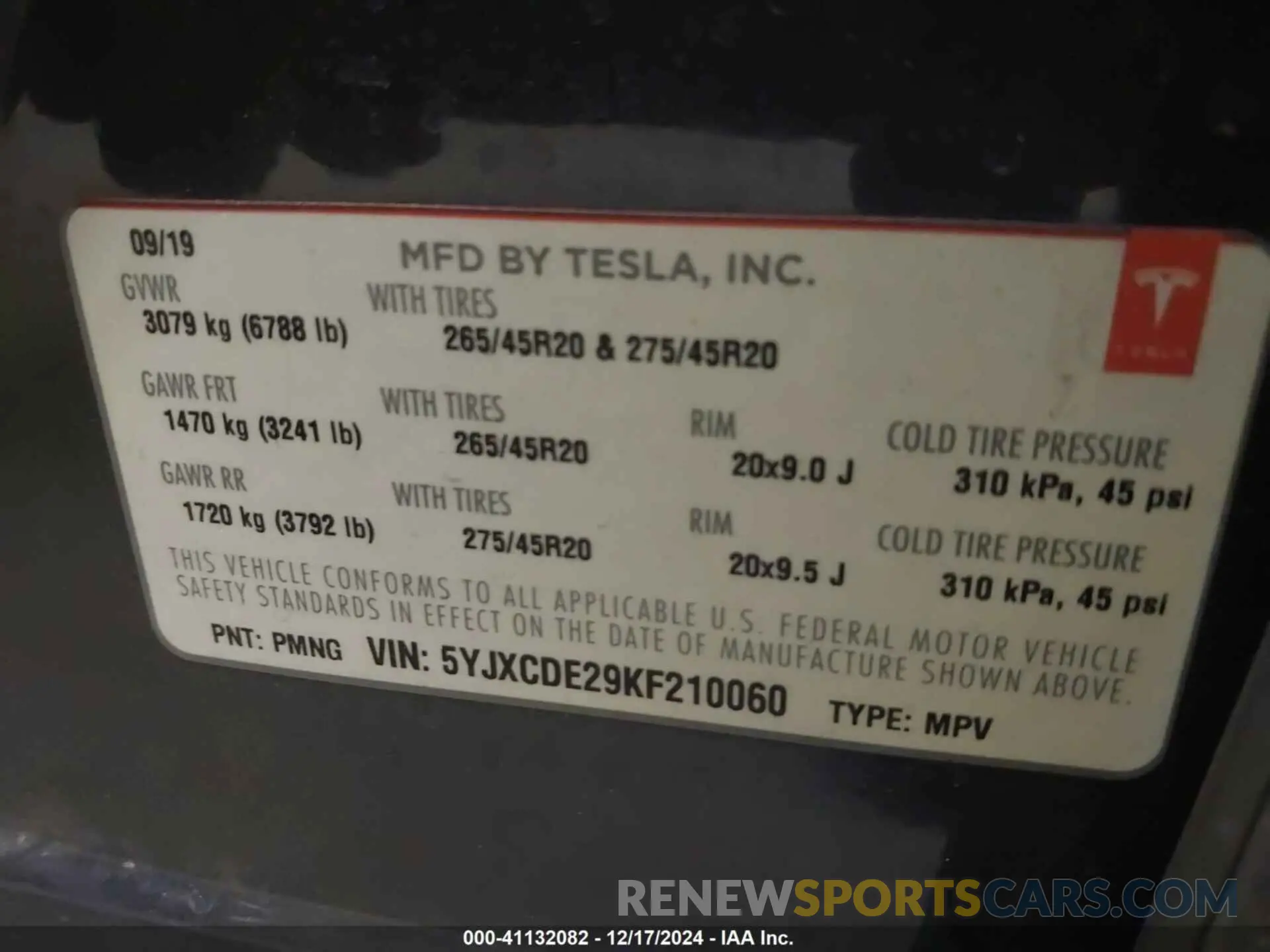 9 fotografías del automóvil dañado 5YJXCDE29KF210060 TESLA MODEL X 2019