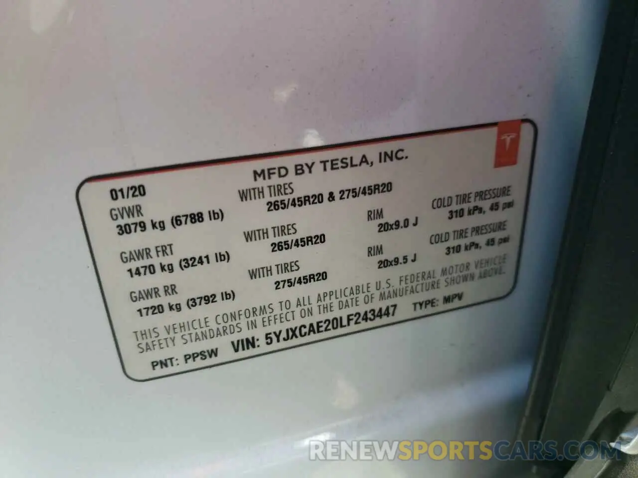 10 fotografías del automóvil dañado 5YJXCAE20LF243447 TESLA MODEL X 2020