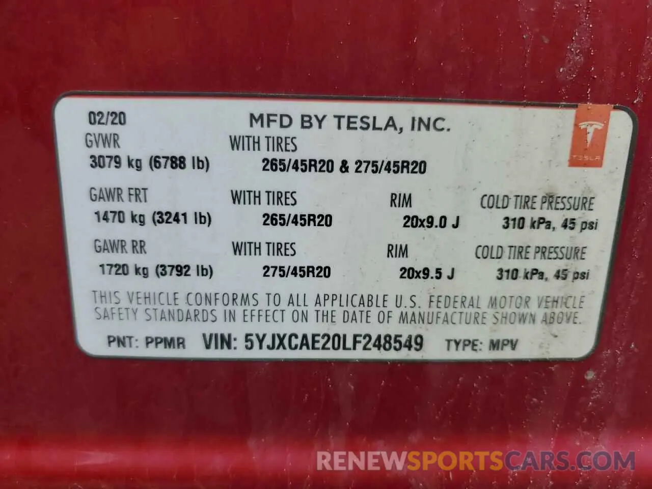 13 fotografías del automóvil dañado 5YJXCAE20LF248549 TESLA MODEL X 2020