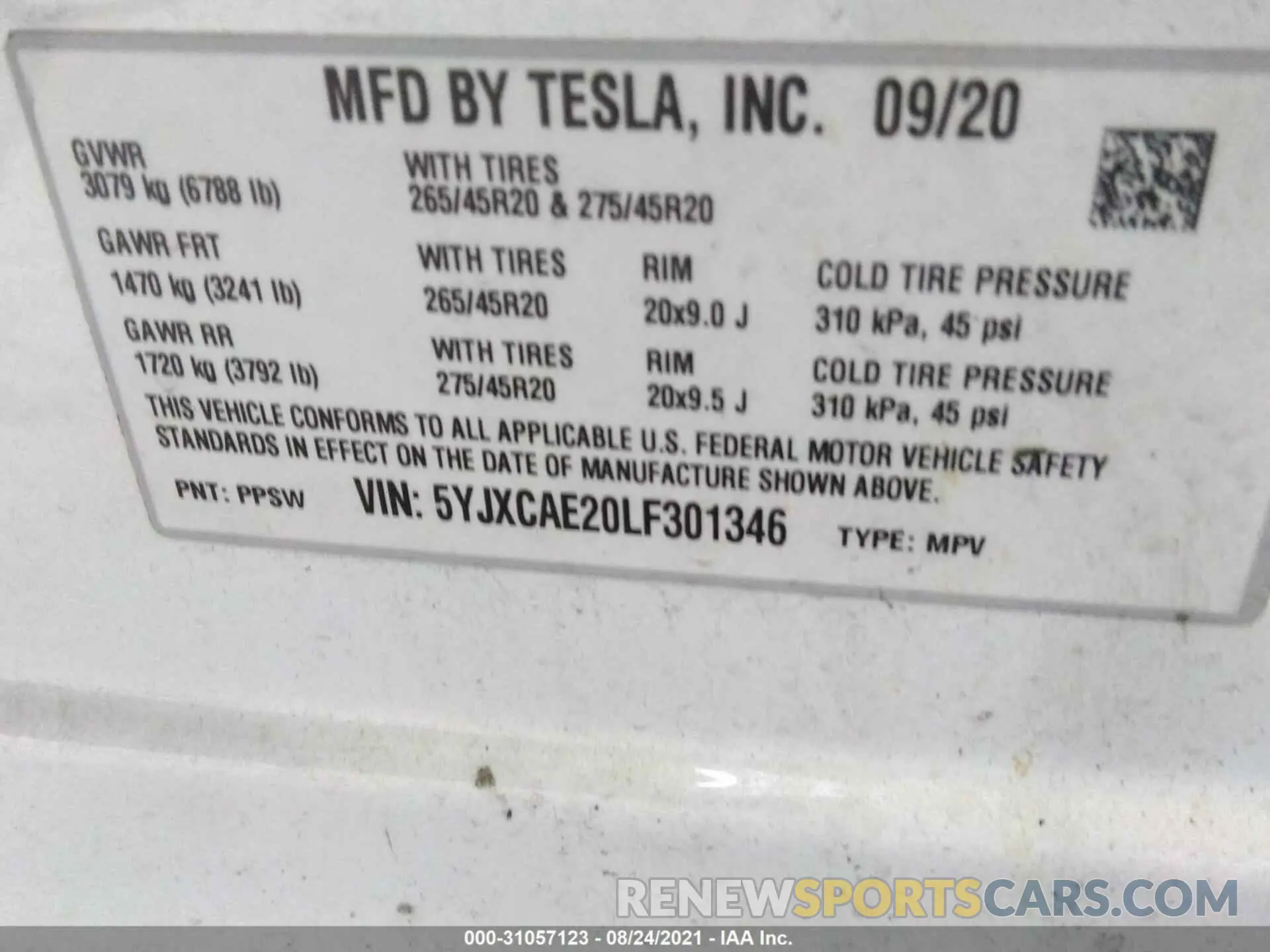 9 fotografías del automóvil dañado 5YJXCAE20LF301346 TESLA MODEL X 2020