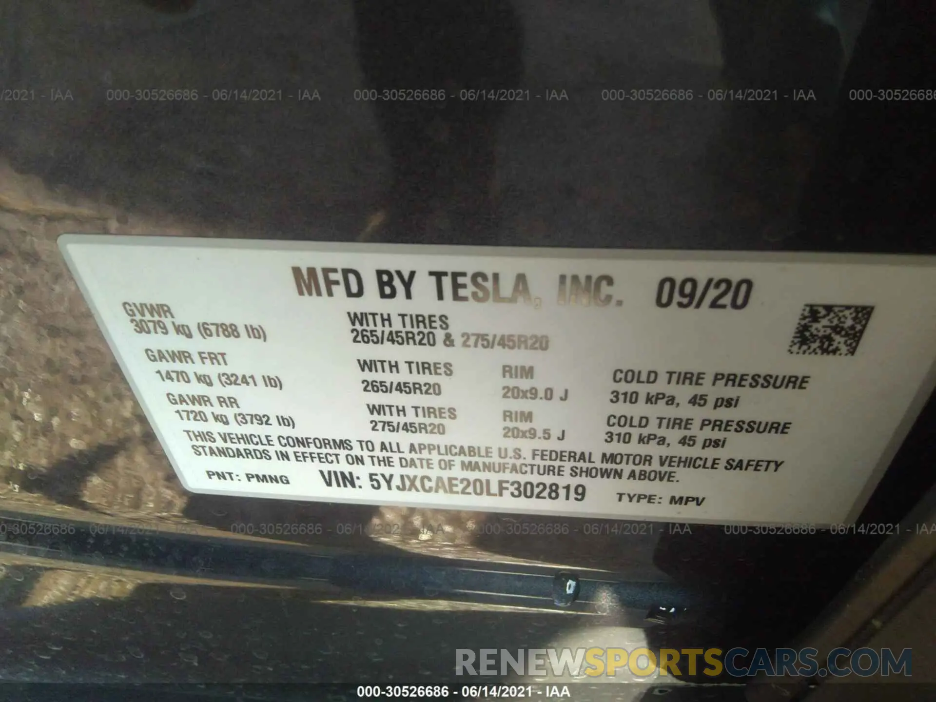 9 fotografías del automóvil dañado 5YJXCAE20LF302819 TESLA MODEL X 2020