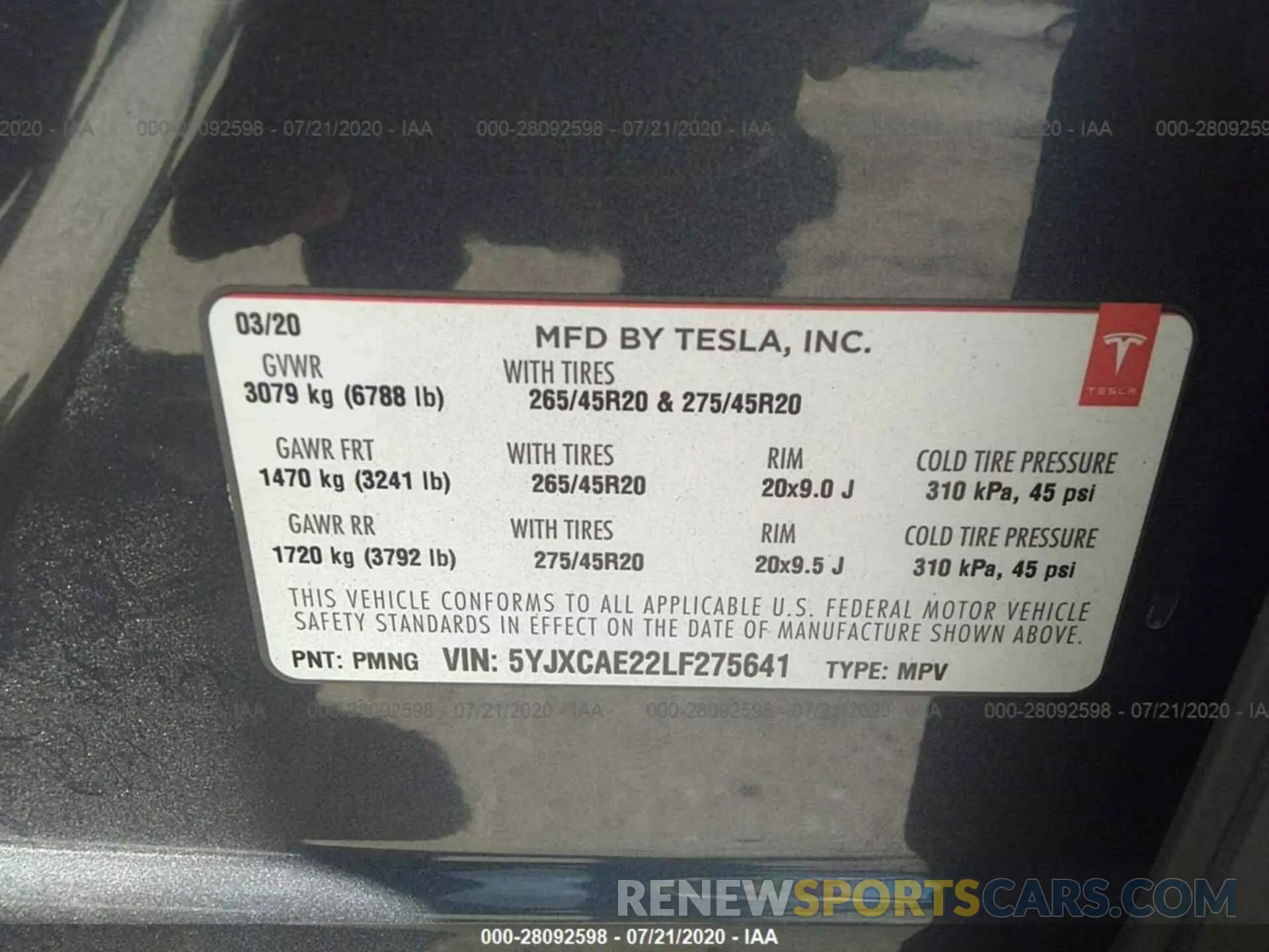 9 fotografías del automóvil dañado 5YJXCAE22LF275641 TESLA MODEL X 2020