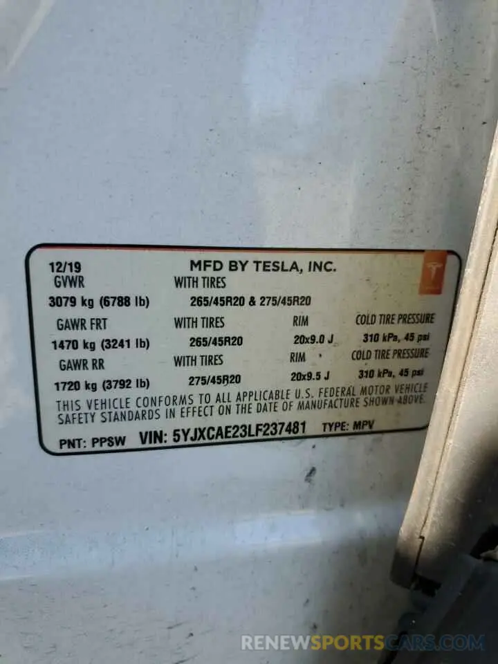 13 fotografías del automóvil dañado 5YJXCAE23LF237481 TESLA MODEL X 2020