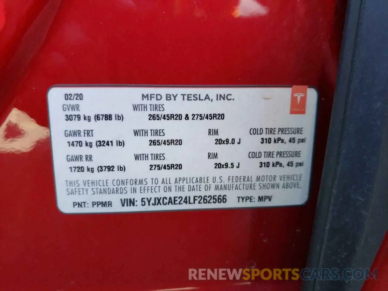 10 fotografías del automóvil dañado 5YJXCAE24LF262566 TESLA MODEL X 2020