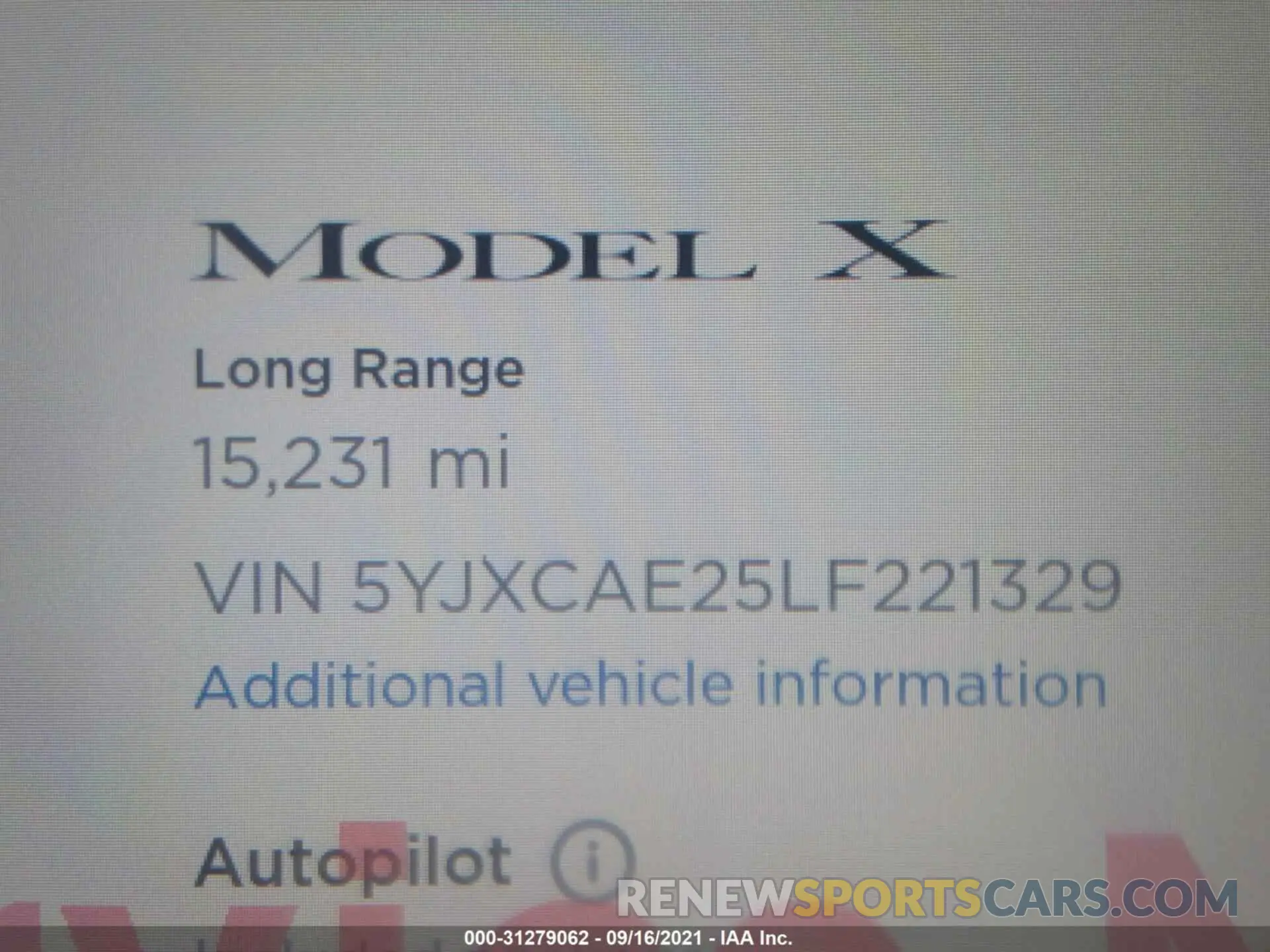 7 fotografías del automóvil dañado 5YJXCAE25LF221329 TESLA MODEL X 2020