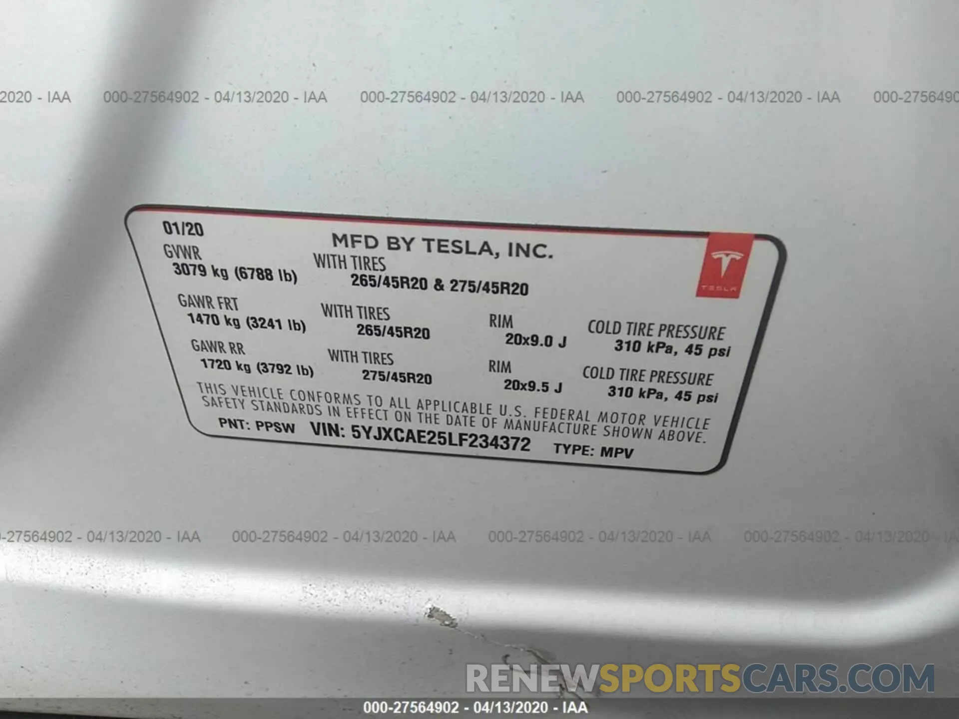 9 fotografías del automóvil dañado 5YJXCAE25LF234372 TESLA MODEL X 2020