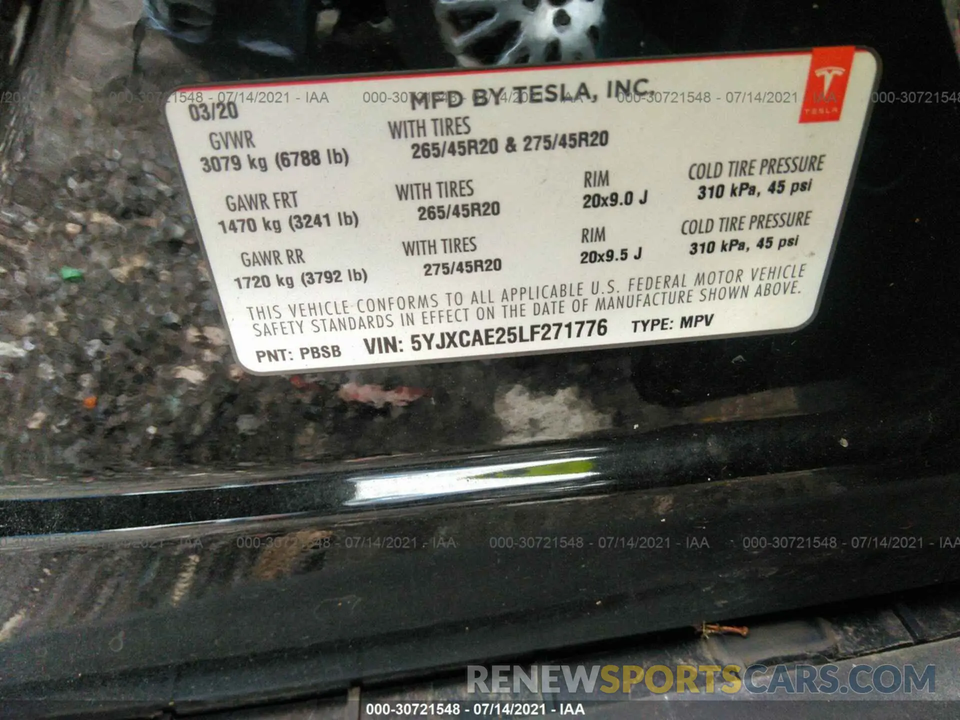 9 fotografías del automóvil dañado 5YJXCAE25LF271776 TESLA MODEL X 2020