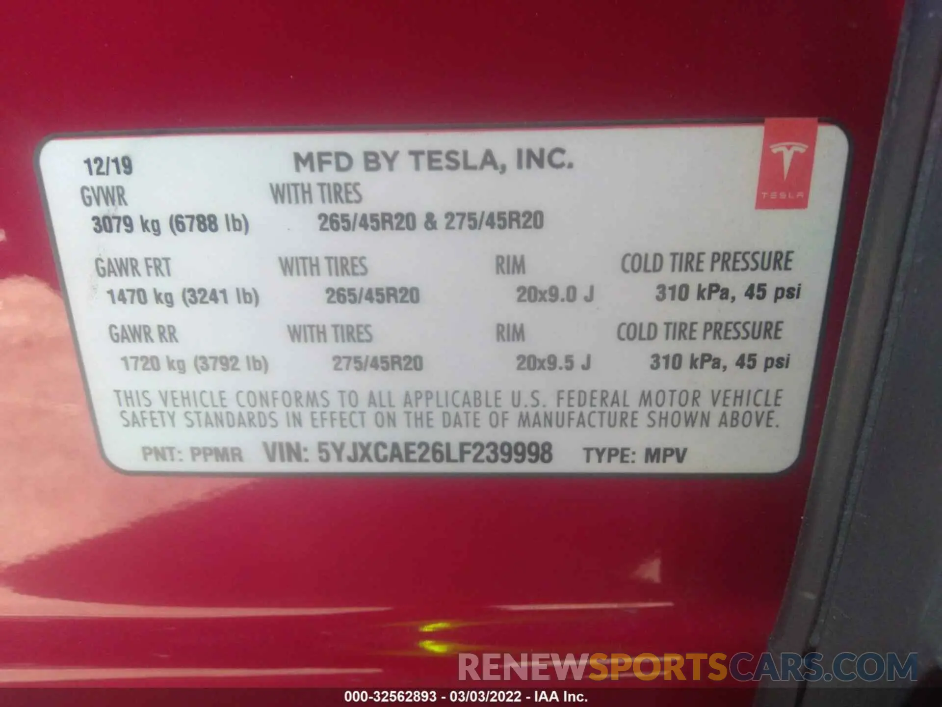 9 fotografías del automóvil dañado 5YJXCAE26LF239998 TESLA MODEL X 2020