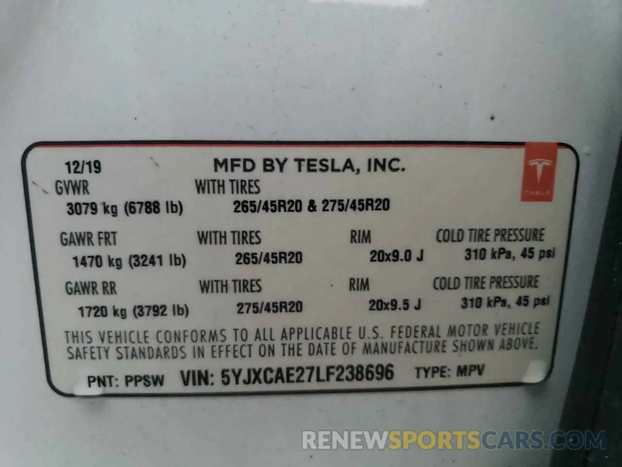 10 fotografías del automóvil dañado 5YJXCAE27LF238696 TESLA MODEL X 2020
