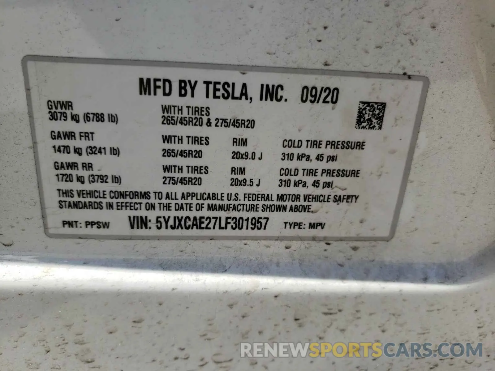 10 fotografías del automóvil dañado 5YJXCAE27LF301957 TESLA MODEL X 2020