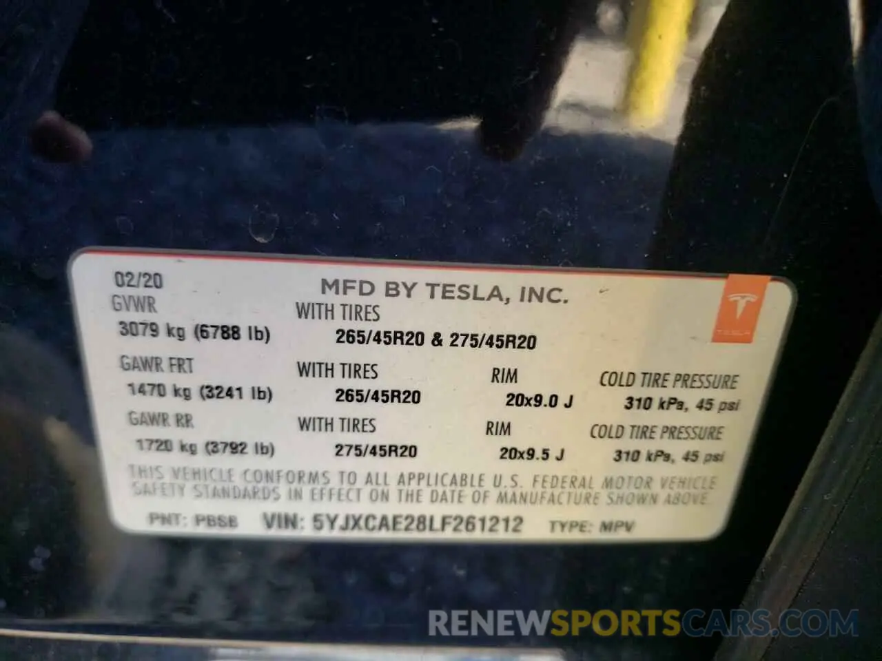 10 fotografías del automóvil dañado 5YJXCAE28LF261212 TESLA MODEL X 2020