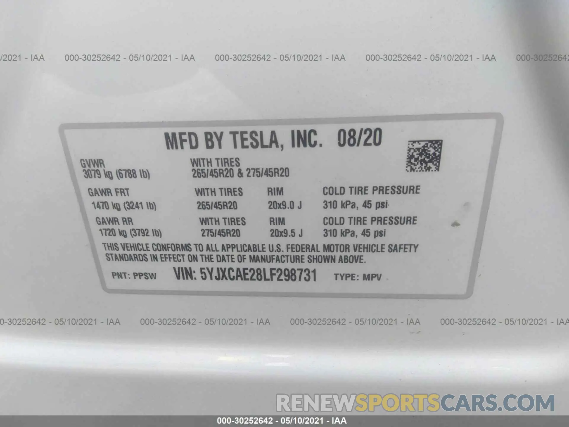 9 fotografías del automóvil dañado 5YJXCAE28LF298731 TESLA MODEL X 2020