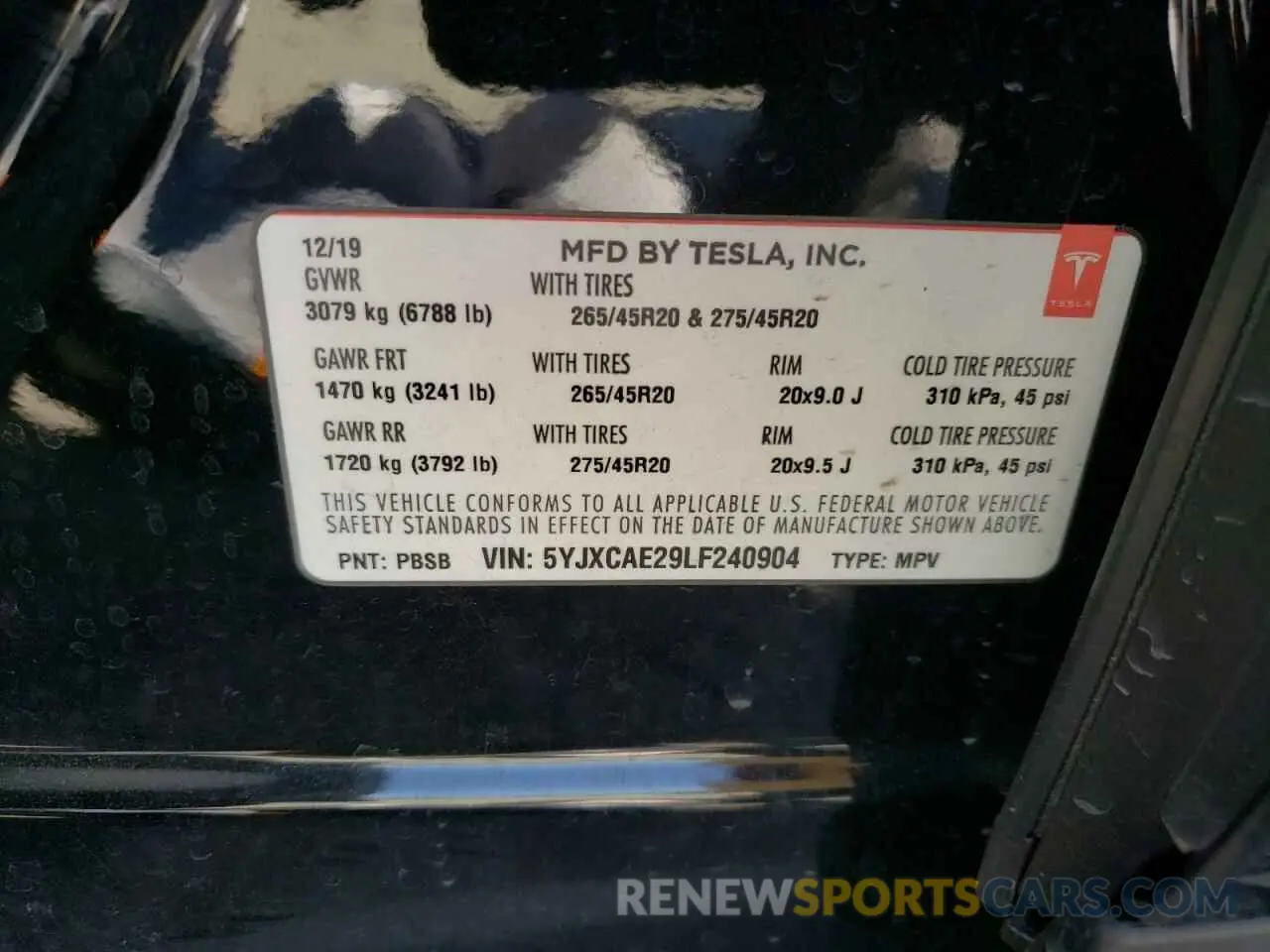 10 fotografías del automóvil dañado 5YJXCAE29LF240904 TESLA MODEL X 2020