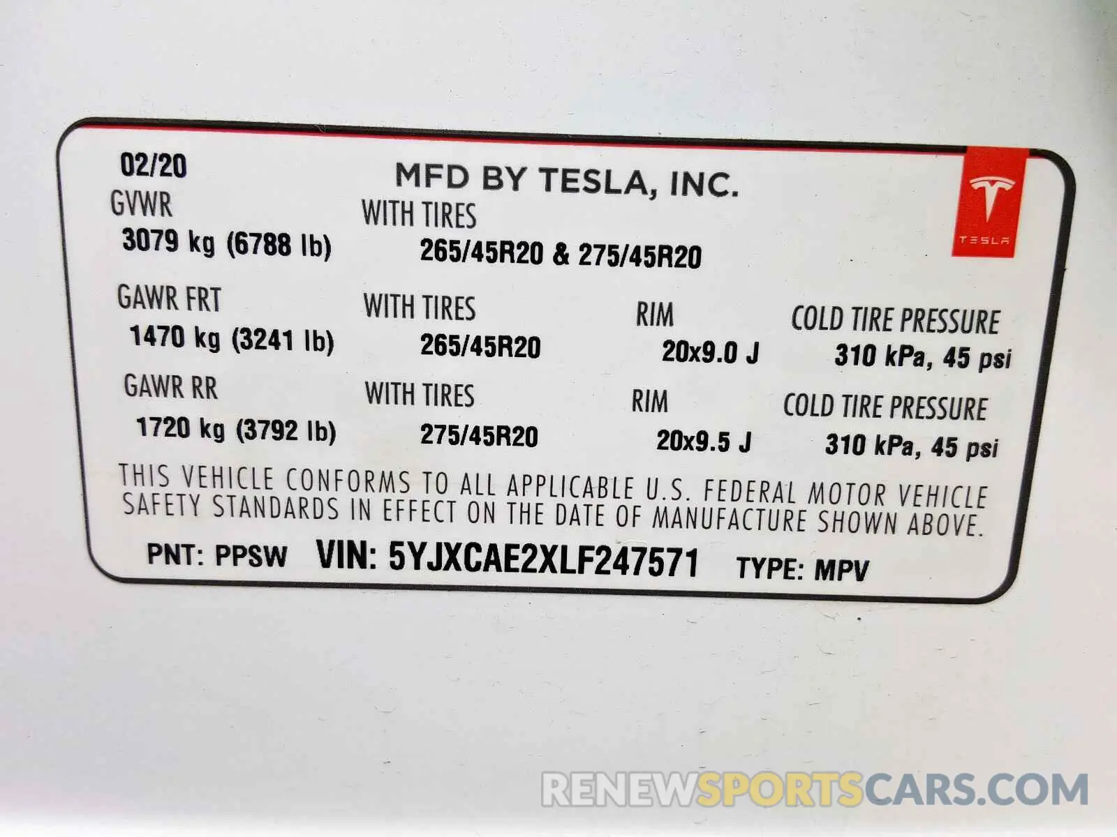 10 fotografías del automóvil dañado 5YJXCAE2XLF247571 TESLA MODEL X 2020