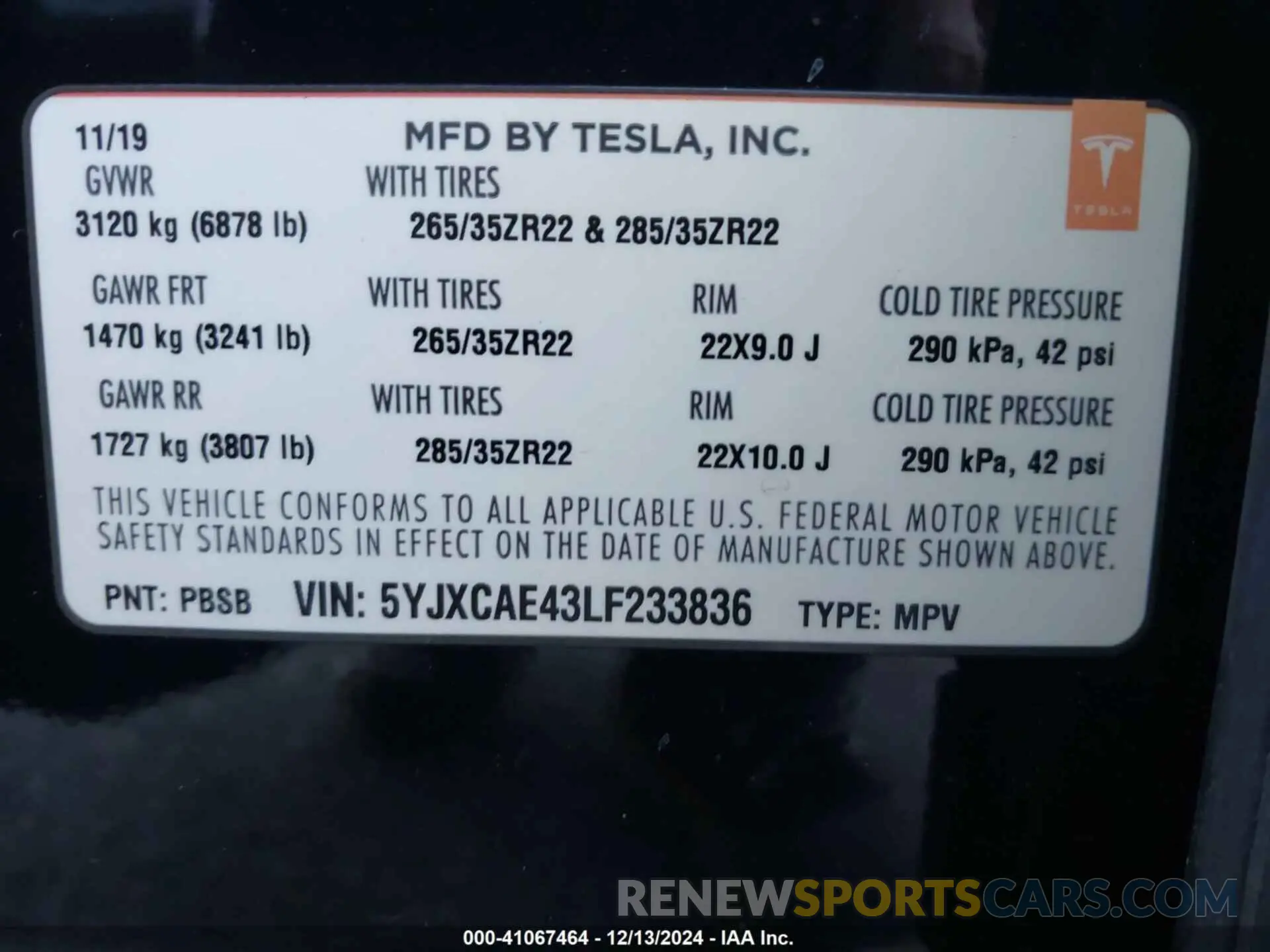 9 fotografías del automóvil dañado 5YJXCAE43LF233836 TESLA MODEL X 2020
